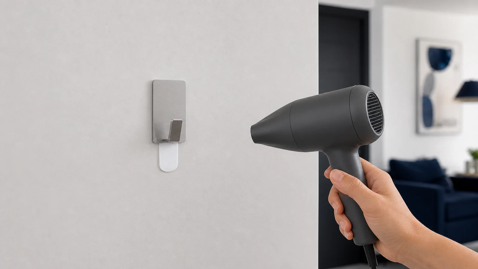 Hair dryer held at an angle 15–20 cm from an adhesive hook on a painted wall, warm air directed at the hook, hand on the dryer and another hand nearby ready to test the warmth.