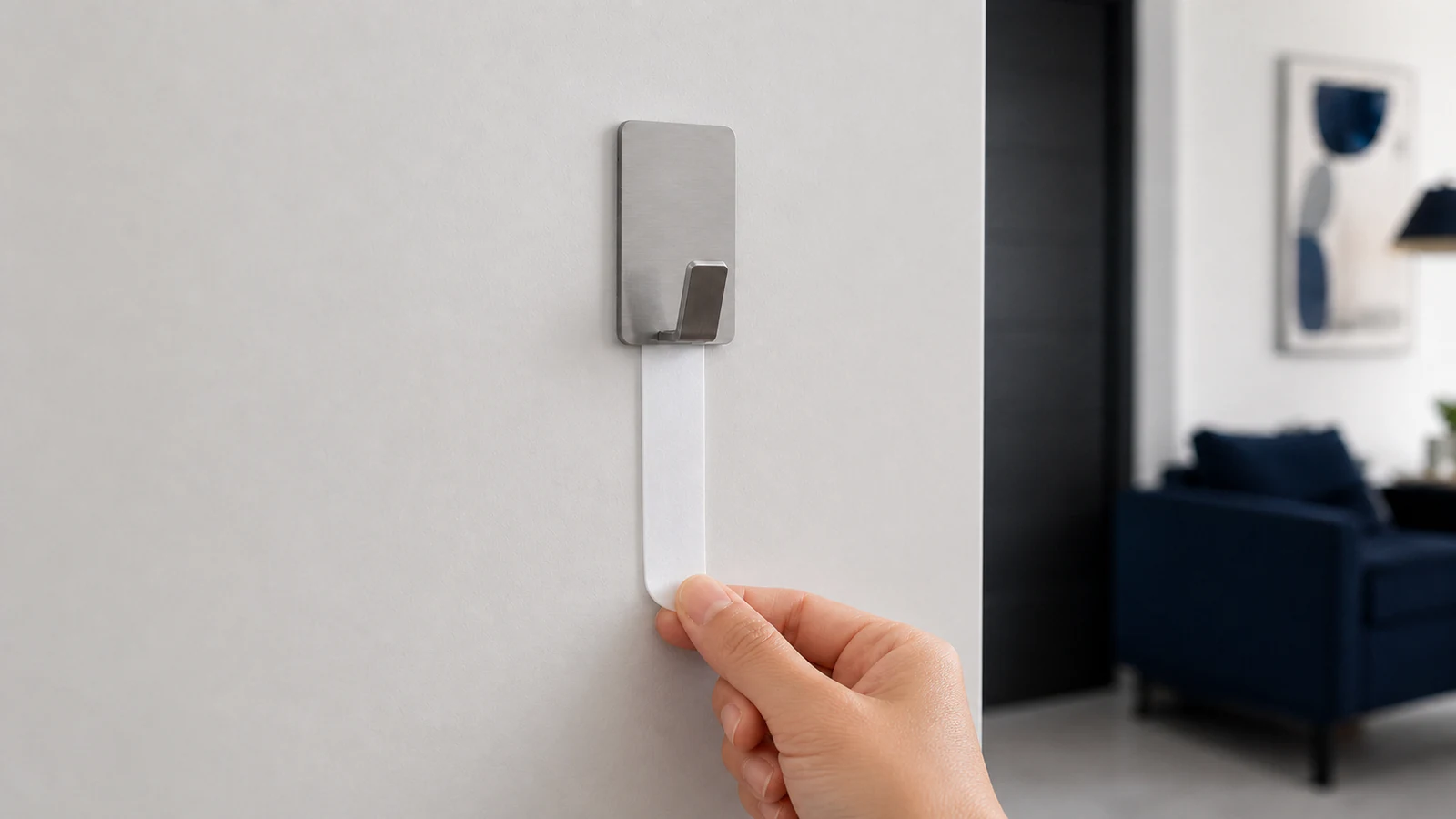 Two-finger grip on a pull tab, hand positioned low and to the side, pulling downward and parallel to the painted wall surface, the hook tilting slightly upward as it begins to separate.