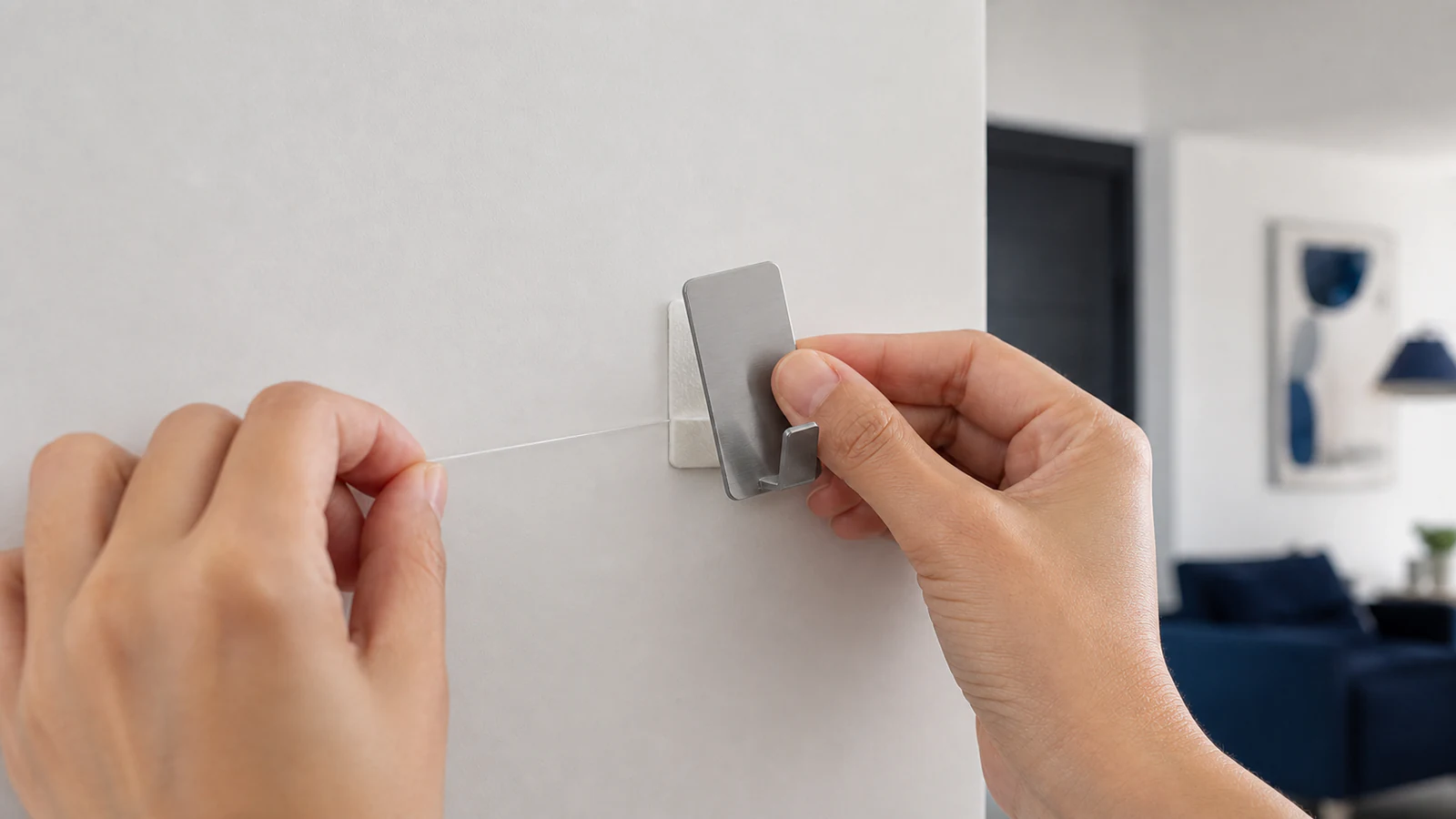 Adhesive hook at a 60-degree angle as it lifts away from the painted wall, dental floss visible beneath it, a hand gently peeling one corner while the adhesive separates cleanly from the surface.