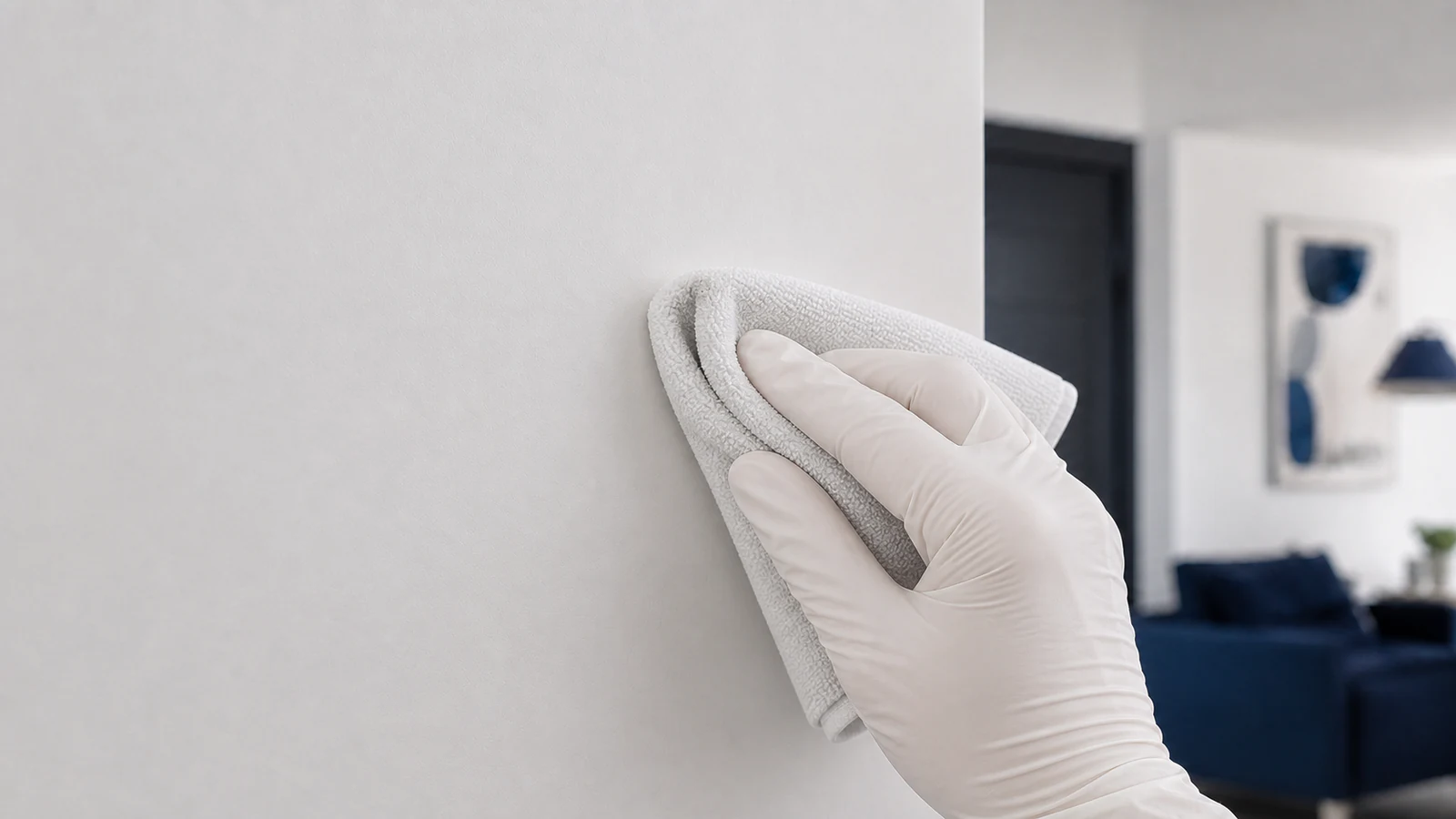 Soft cloth gently rolling adhesive residue away from an intact painted wall