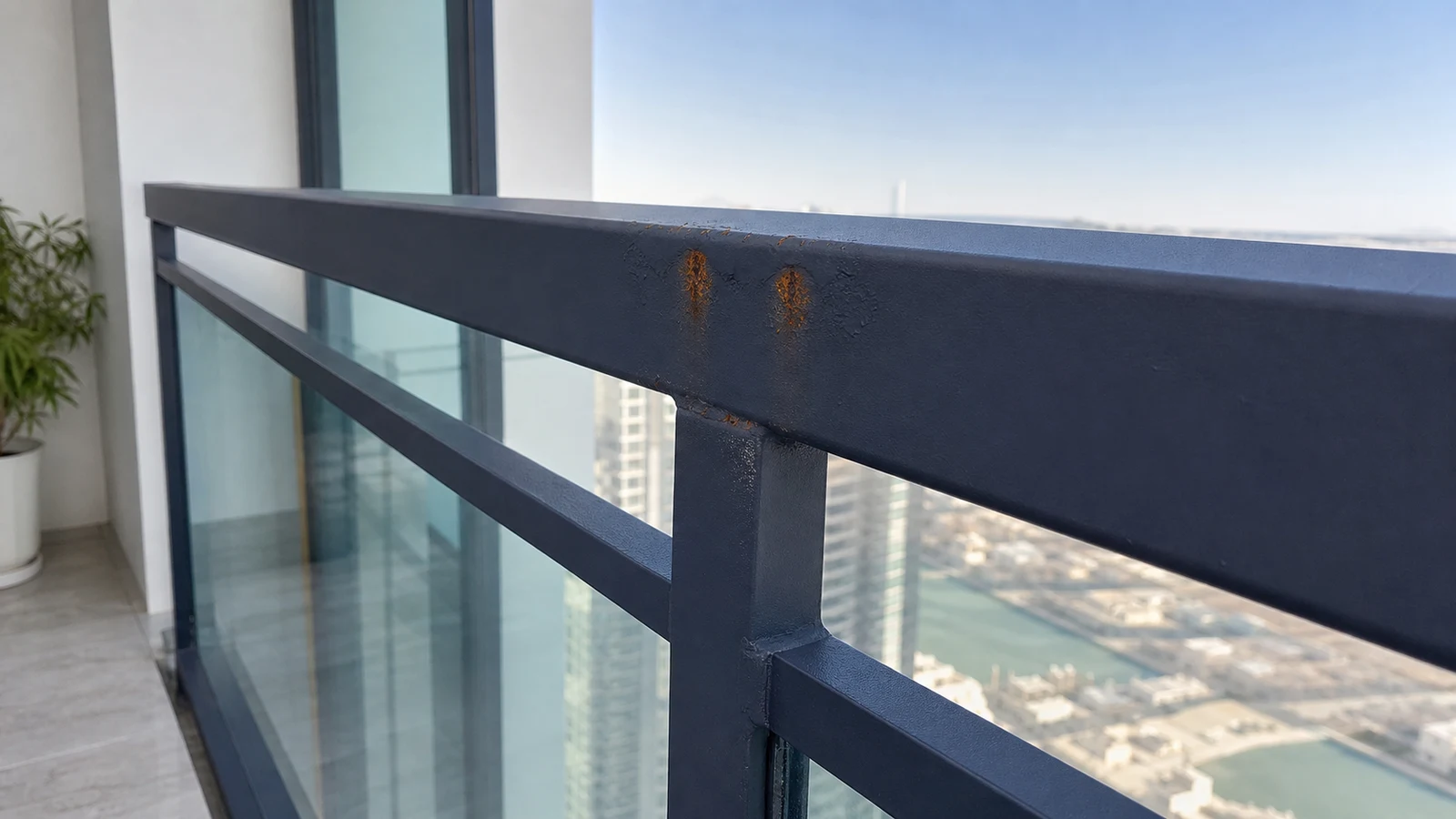 Visible rust on a balcony railing photographed from the safe inner side without anyone touching the barrier.