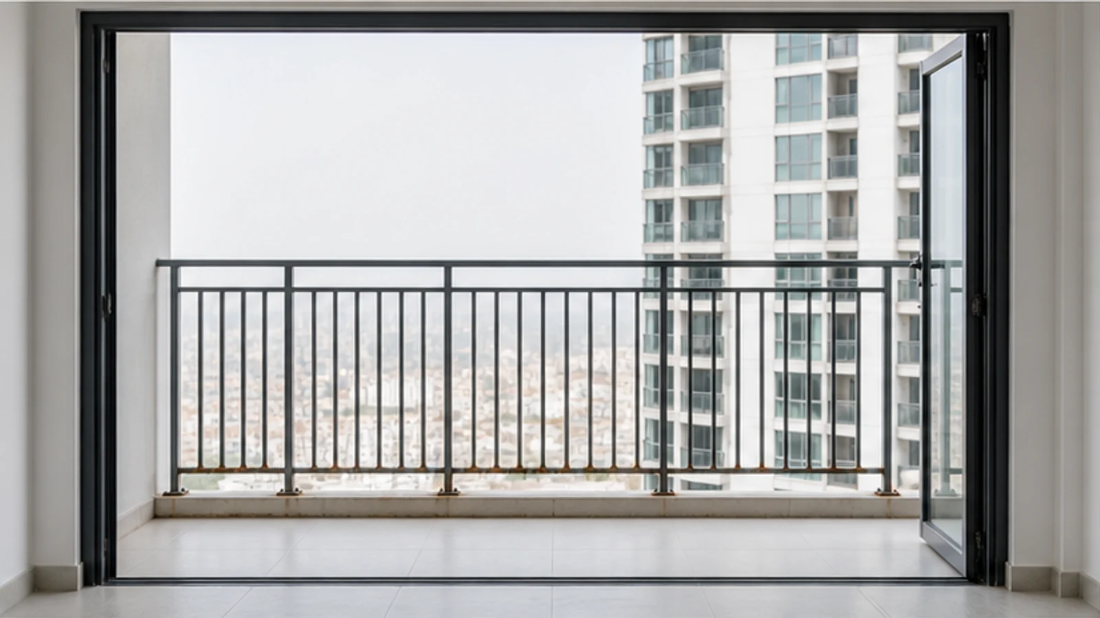 The full balcony railing viewed from safely inside the apartment doorway without approaching the edge.
