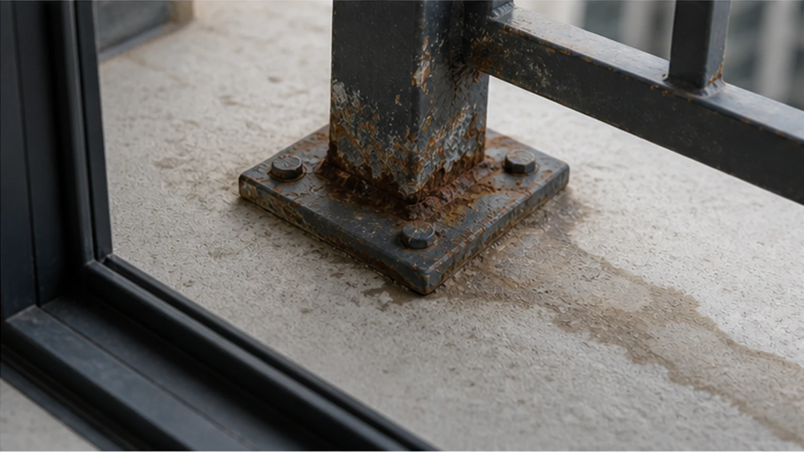 Zoomed photograph documenting rust near a balcony-railing base and fixing without touching it.