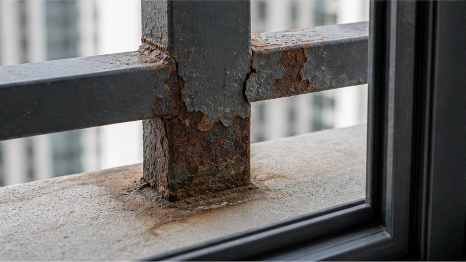 Several visible corrosion warning signs photographed from a safe distance for a maintenance report.