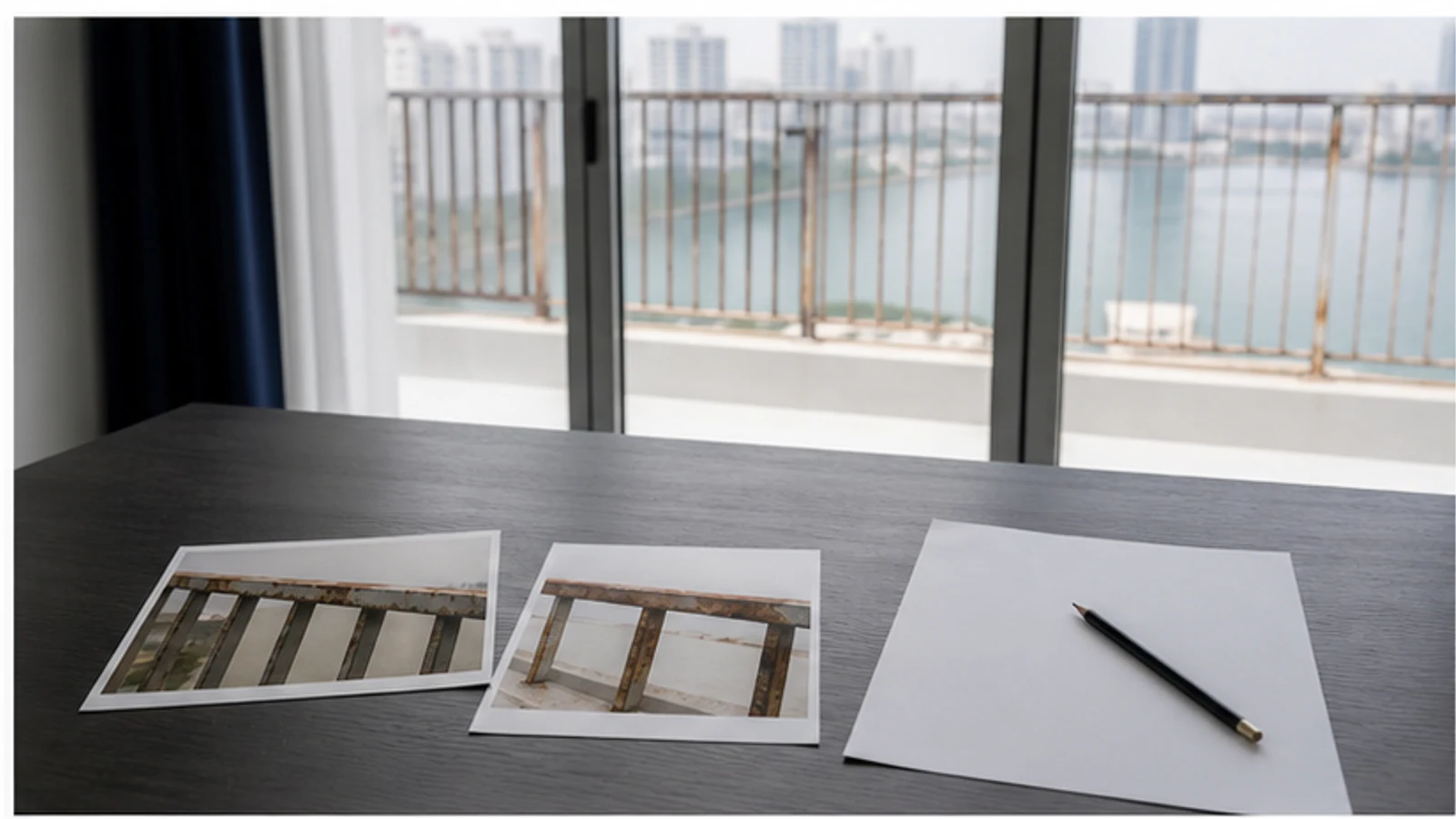 Printed balcony-railing photographs arranged beside blank notes while the balcony remains closed.