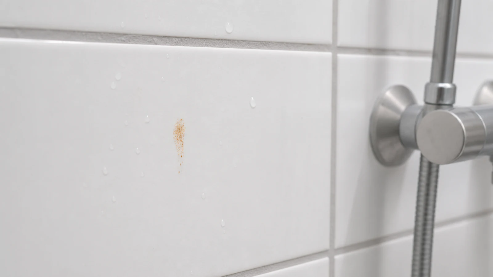 Close-up of a rust-coloured stain on white ceramic bathroom tile with water droplets.