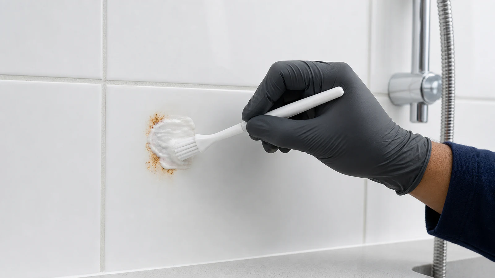 Gloved hand testing a tile-maker-approved cleaner on a hidden corner of glazed ceramic tile.