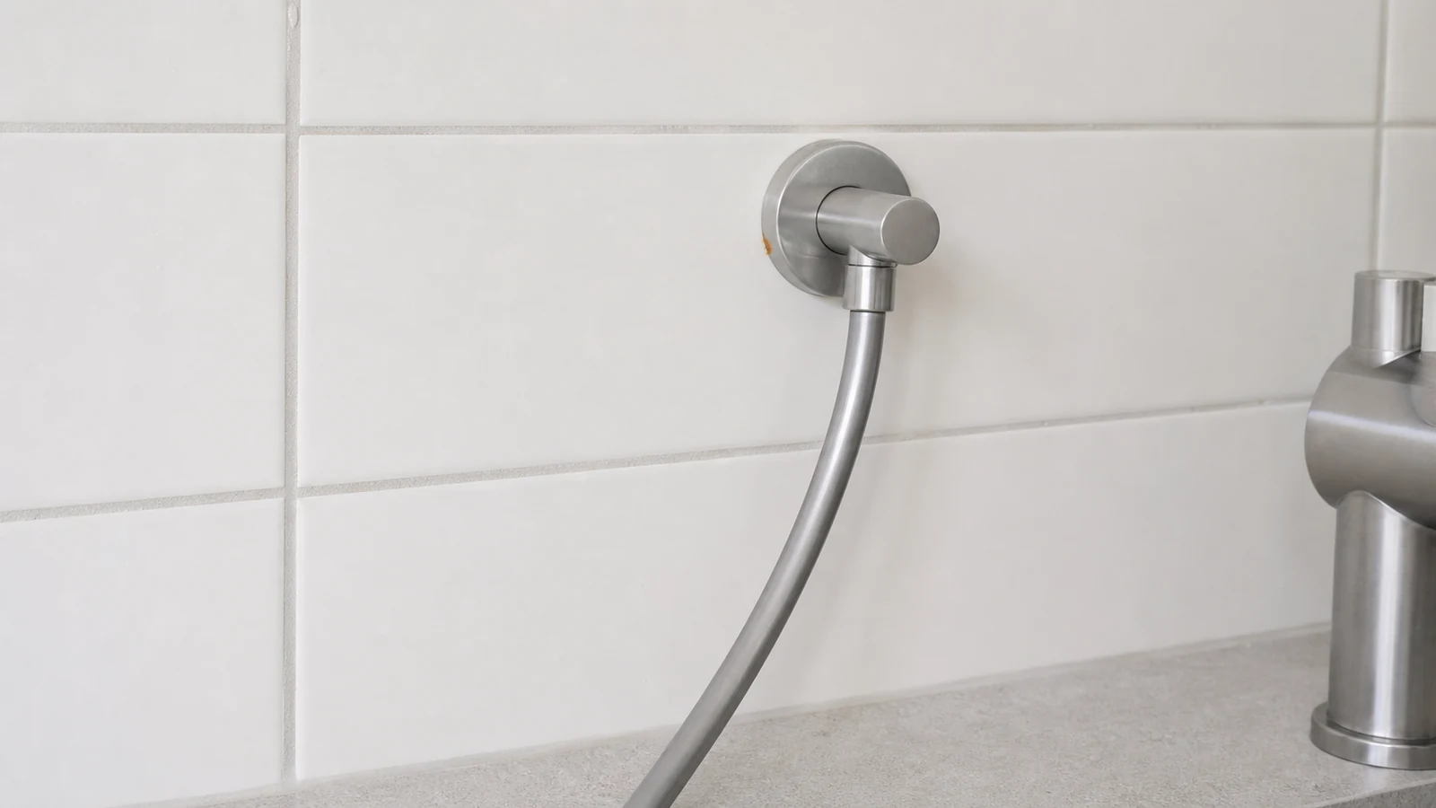 Bathroom tile with a chrome shower hose connection overhead, showing where rust stains originate.