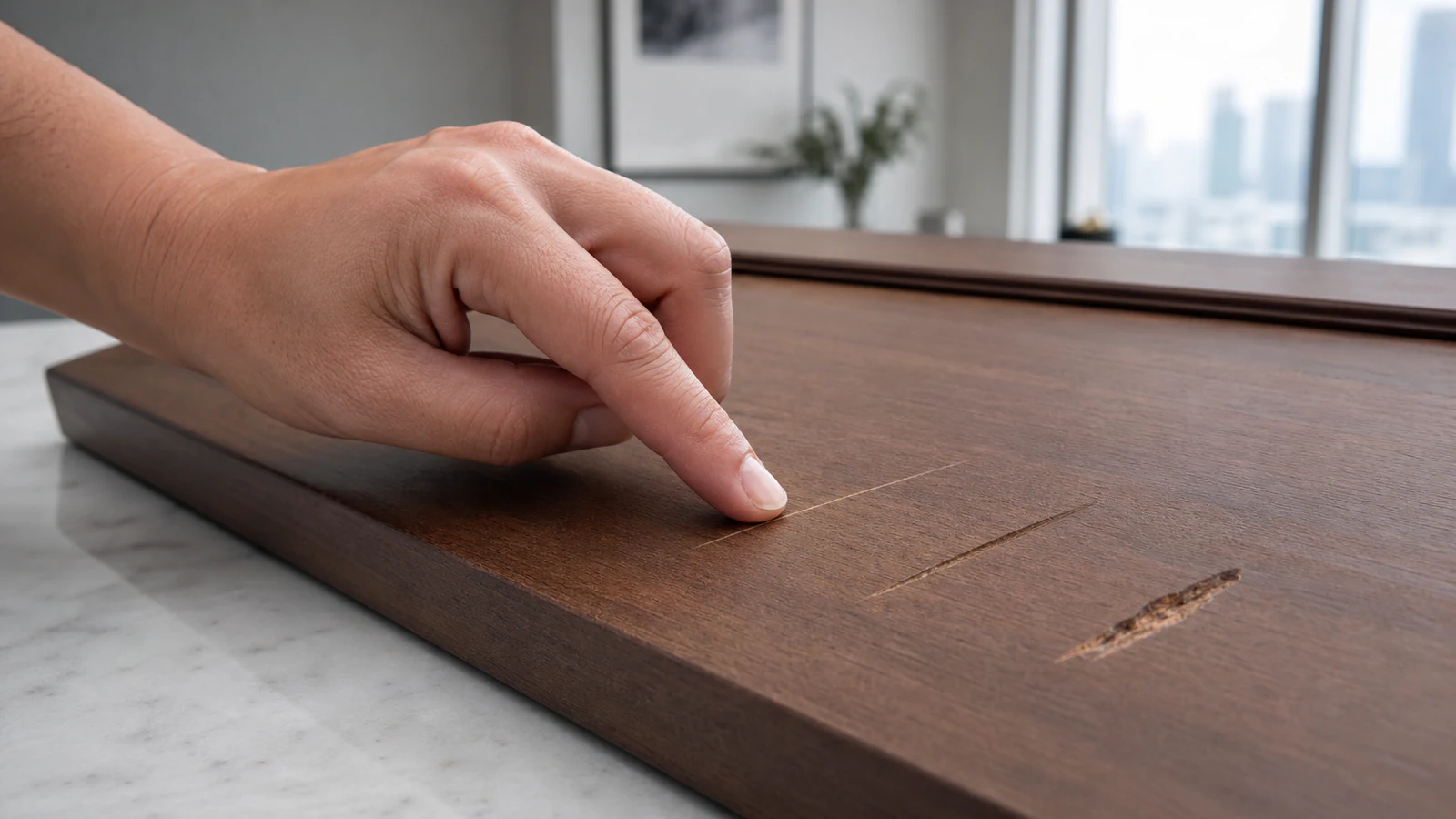 Hand examining a wood furniture scratch at a shallow angle against daylight.