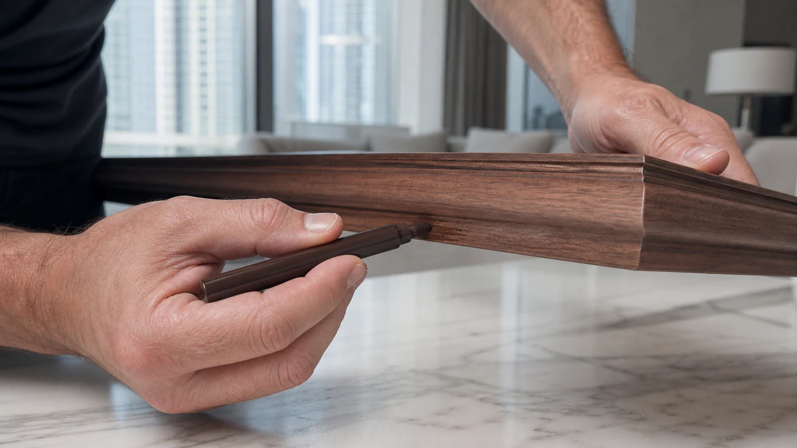 Hand applying a touch-up marker to the underside of a wooden furniture piece for colour matching.