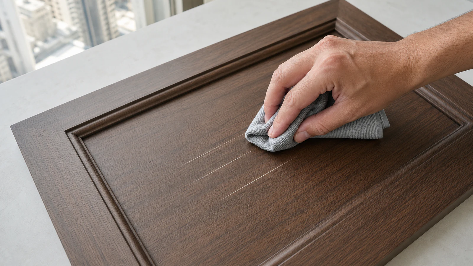 Soft cloth wiping a wooden scratch to remove dust.