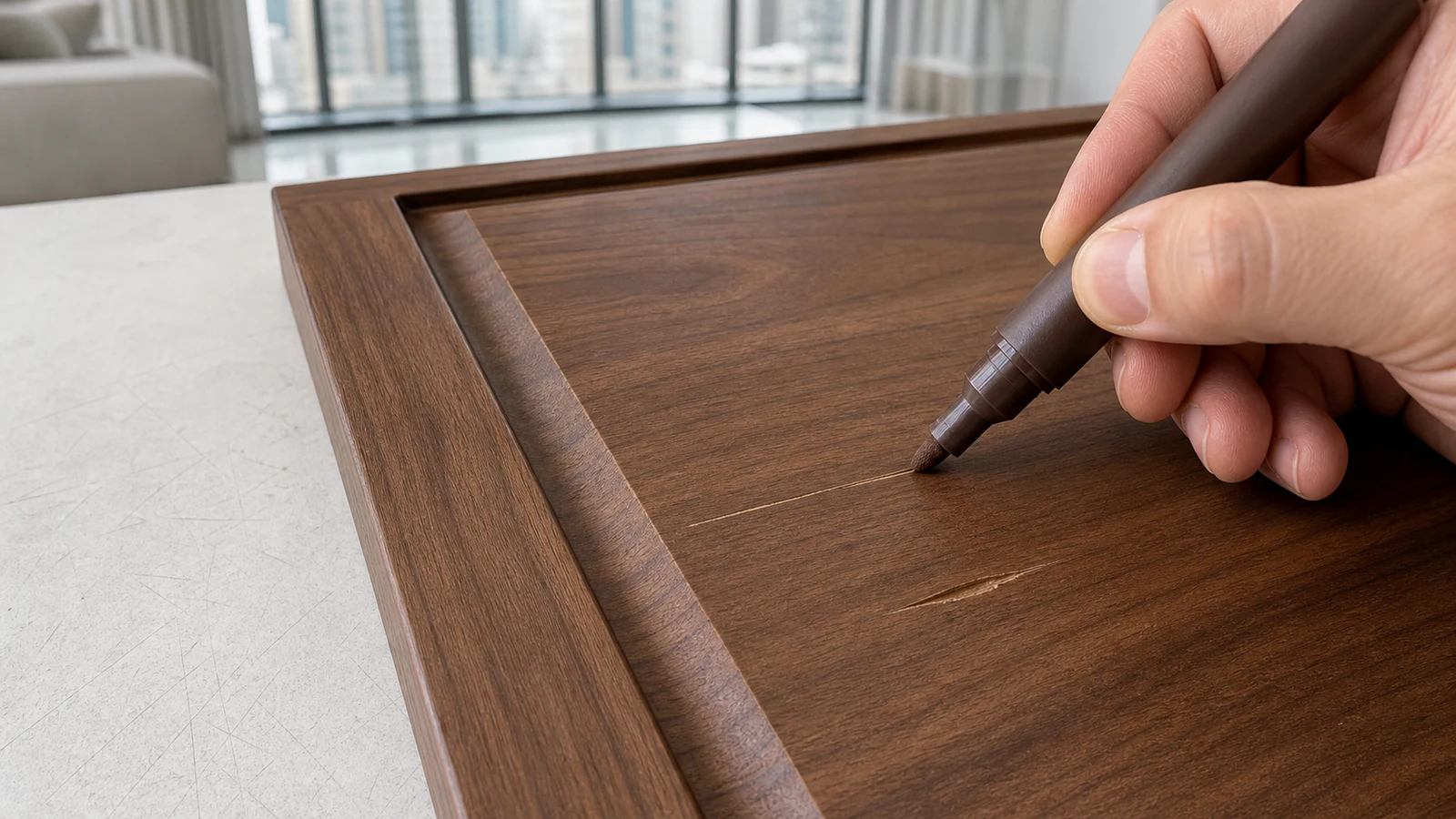 Wood touch-up marker being applied along a furniture scratch in the direction of the grain.