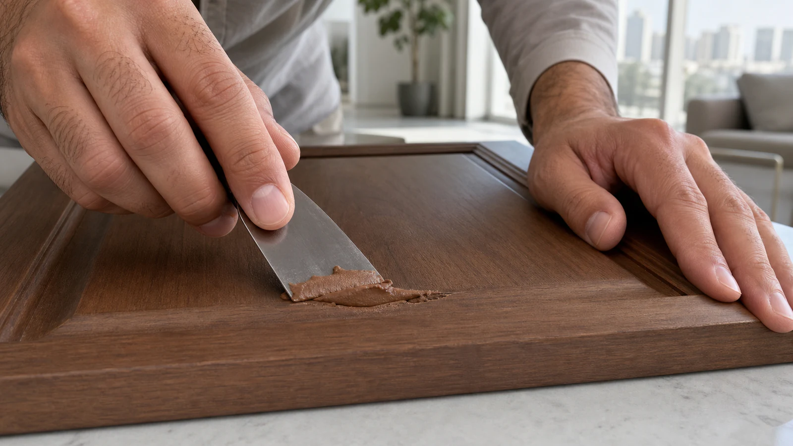 Wood filler being applied to a deep furniture scratch with a putty knife.
