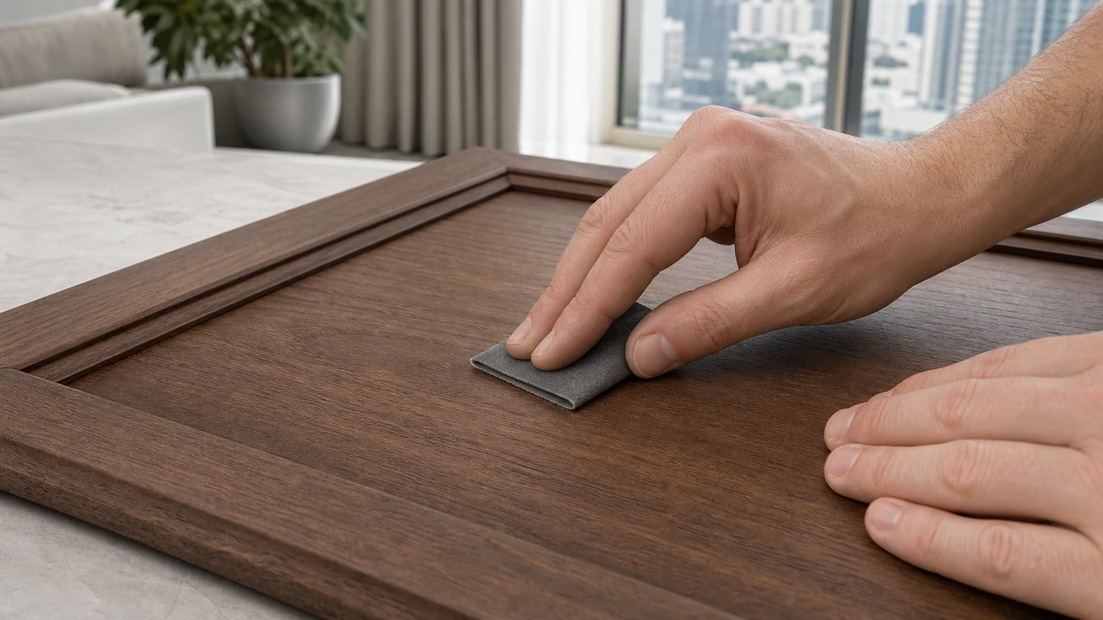 Fine-grit sandpaper smoothing a wood filler repair along the grain.