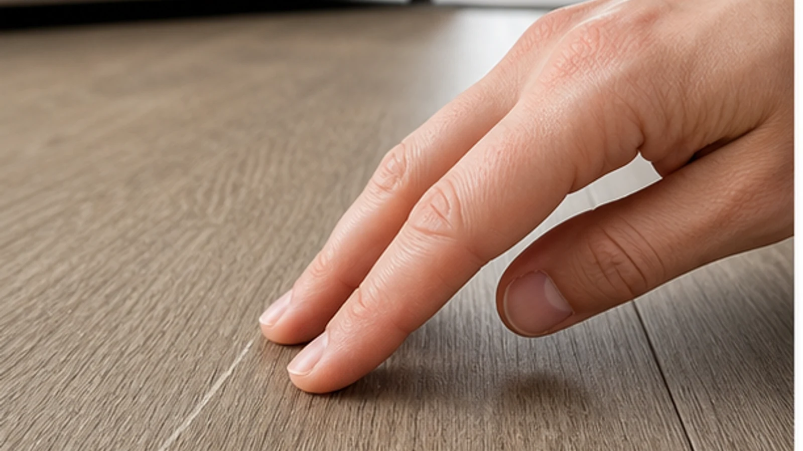 Close-up of a hand at floor level examining a scratch from multiple angles, with daylight catching the surface to show visibility