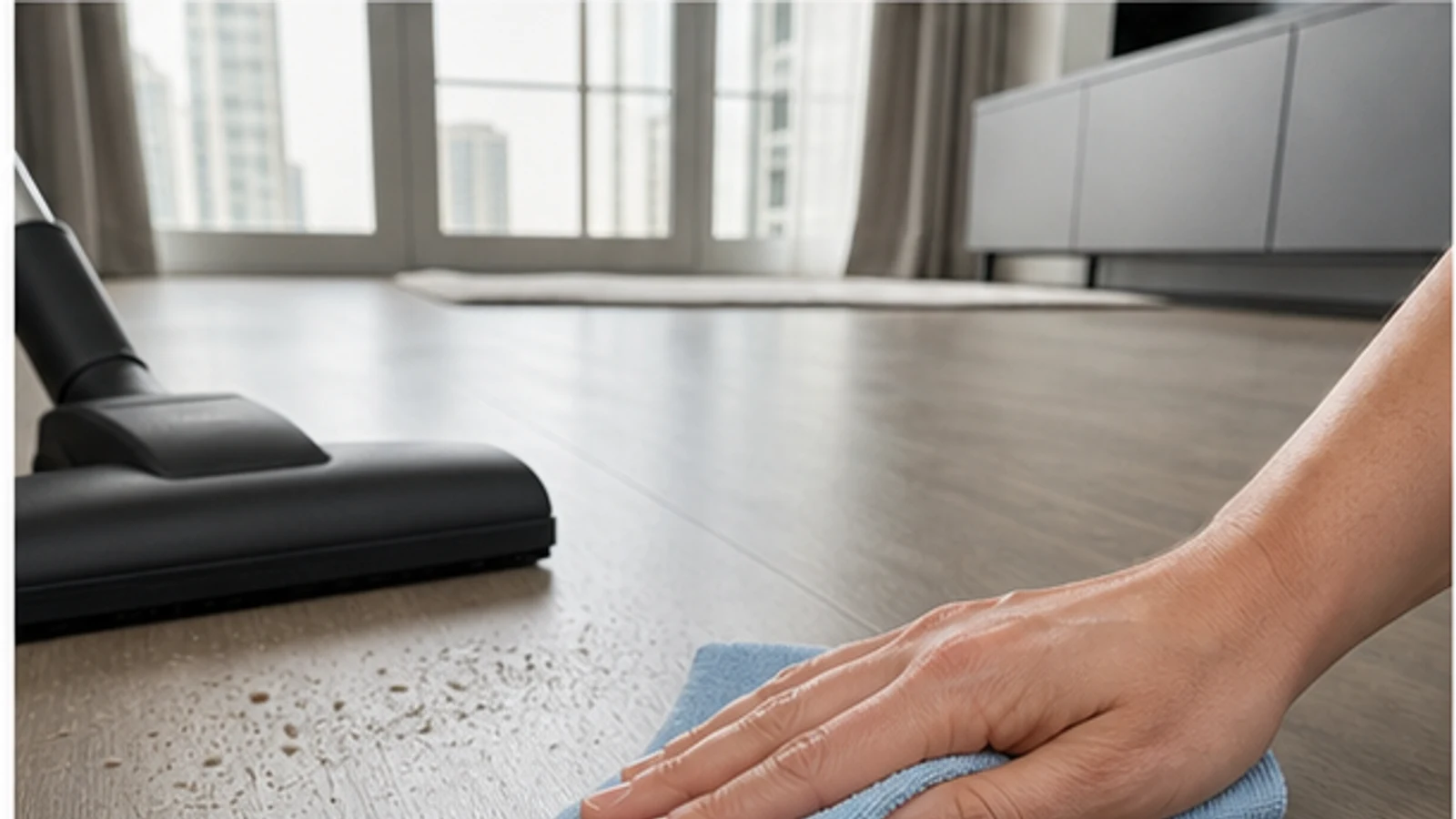 A hand wiping a floor scratch with a damp cloth, followed by drying with a clean cloth