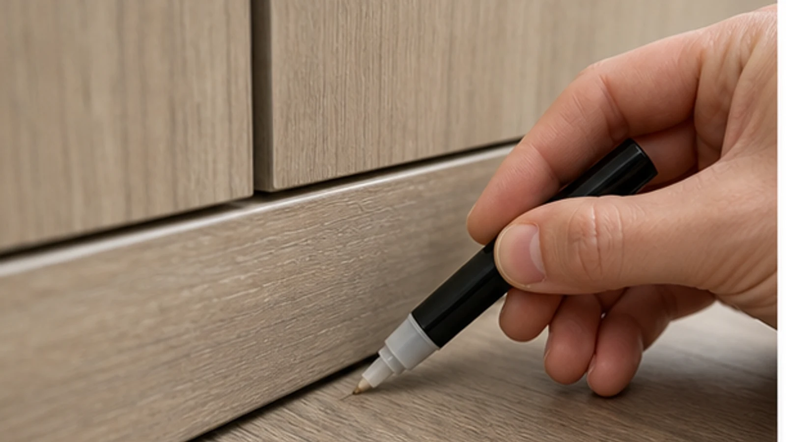 A hand applying a repair marker to a hidden floor sample behind furniture, showing the test patch drying