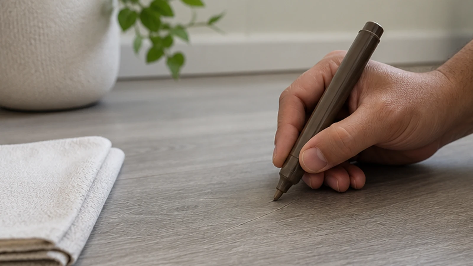 A hand holding a repair marker positioned over a shallow scratch on a wooden floor, applying colour with a gentle stroke