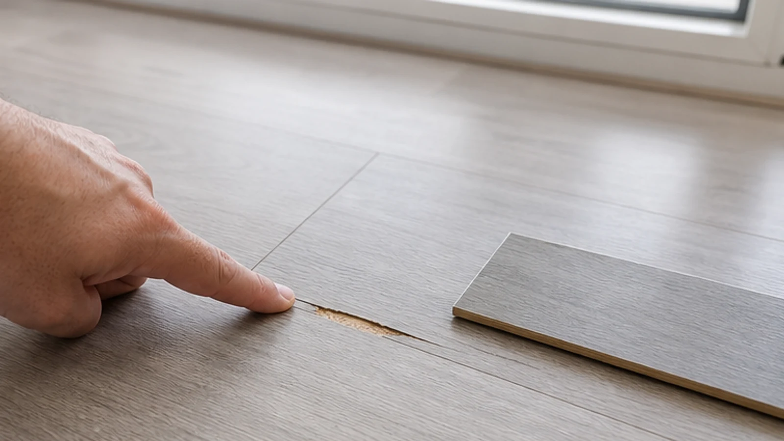 A visible-depth floor scratch photographed beside the flooring product code before professional assessment.