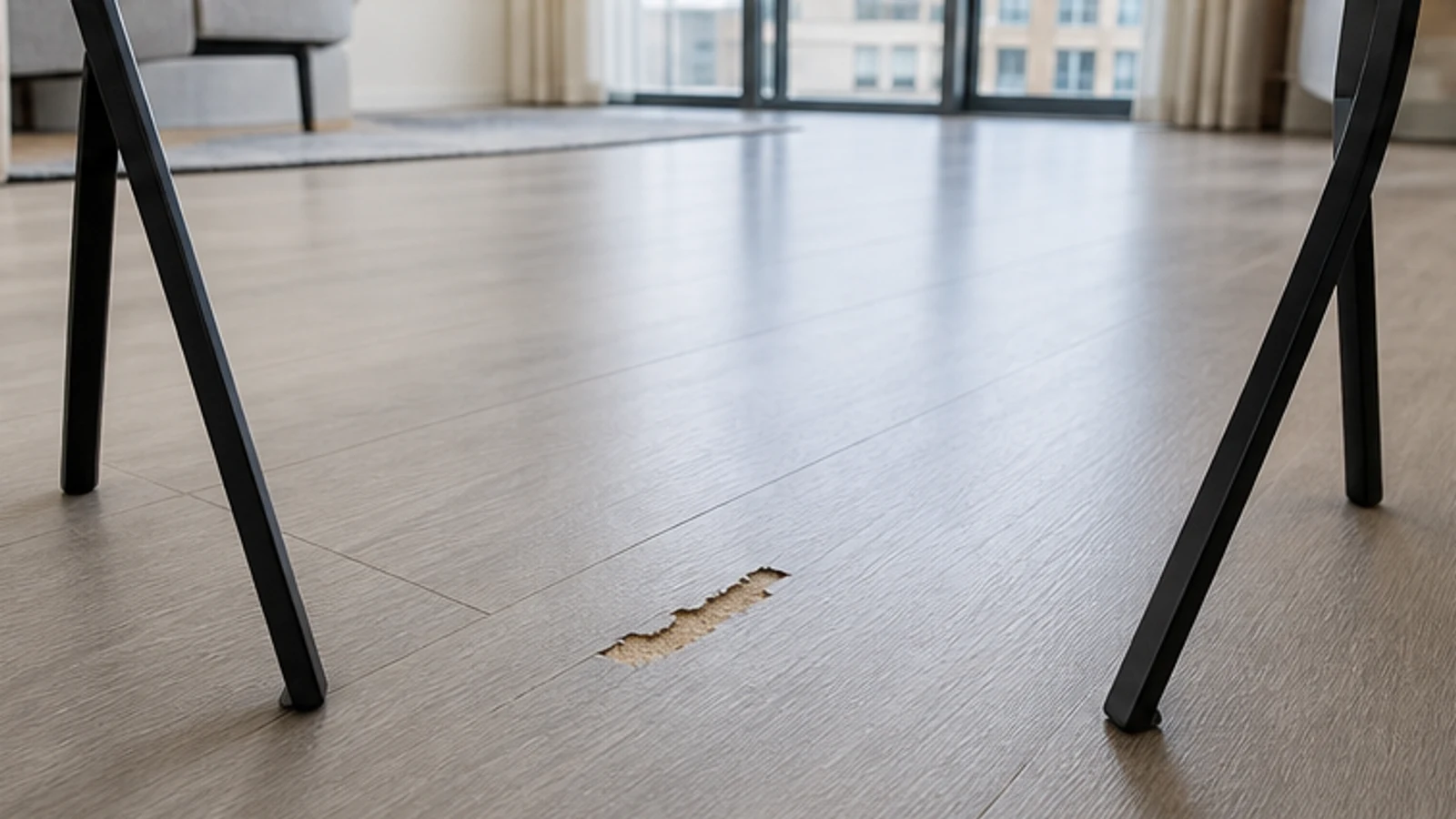 A deep floor gouge isolated from foot traffic and left untouched for plank-level assessment.