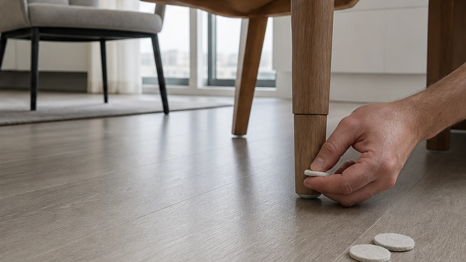 Clean felt pads fitted beneath furniture near a fully dry maker-approved cosmetic floor repair.