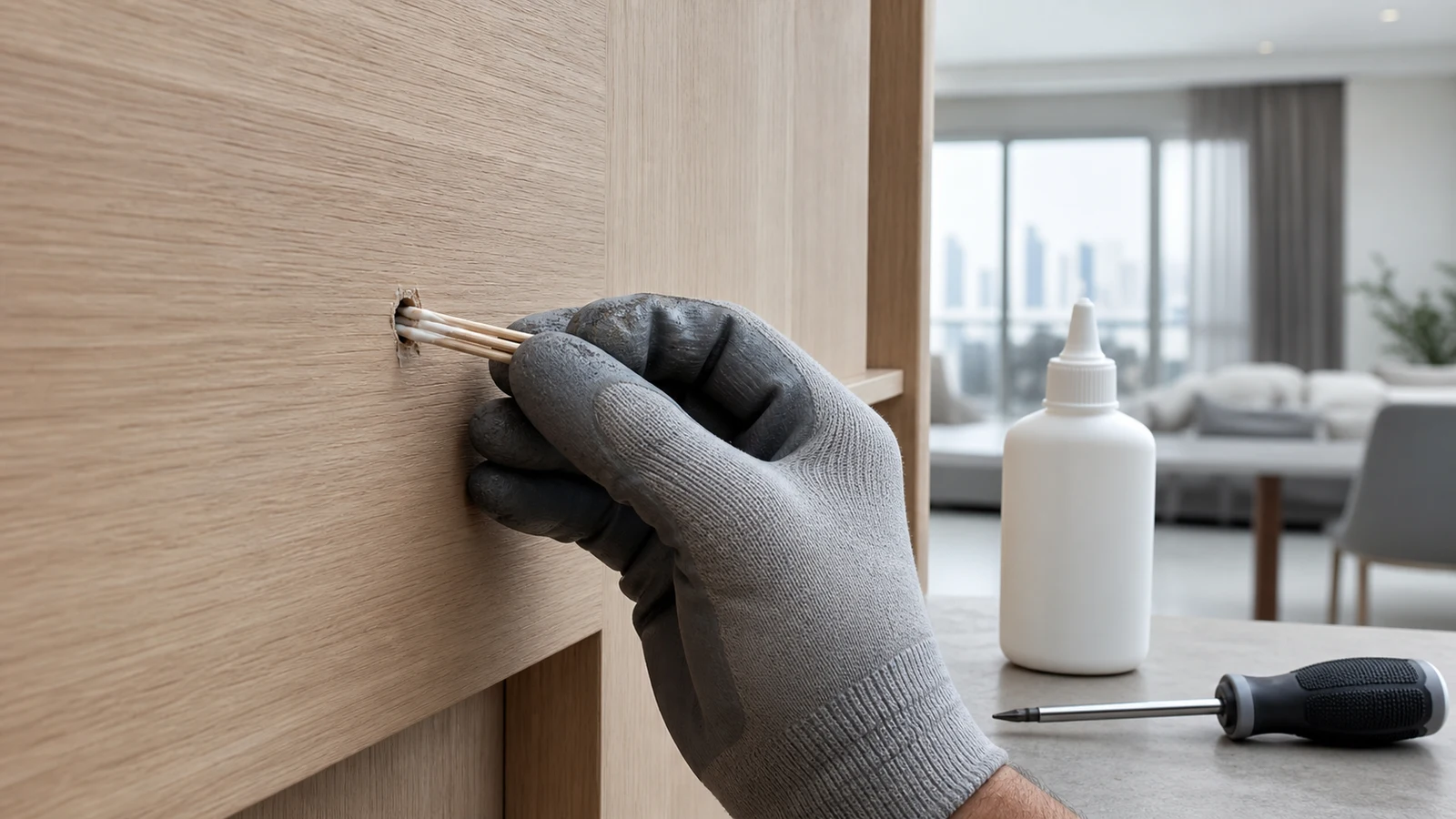 Wooden toothpicks dipped in wood glue being inserted into a stripped screw hole in a light pine cabinet door, with a screwdriver and wood glue bottle nearby.