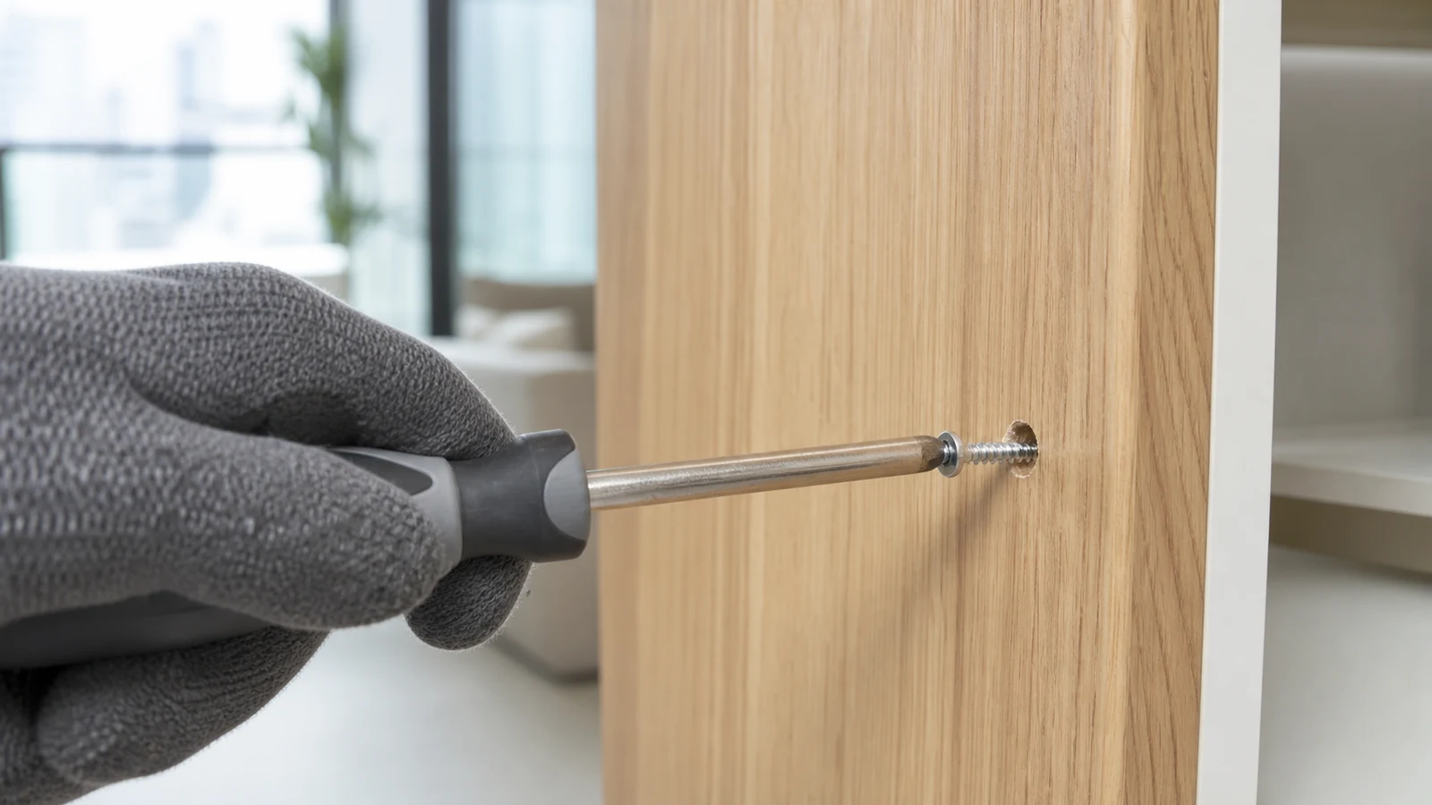 Close-up of a cabinet door with a loosened screw being withdrawn from an enlarged hole, the screw held in fingers, the hole clearly visible and empty.
