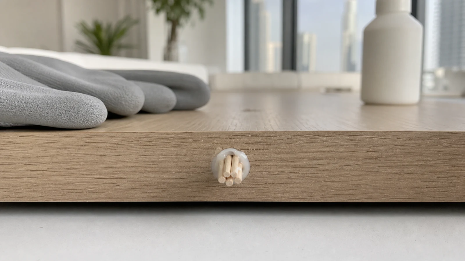 A cabinet door rests undisturbed while glued toothpicks cure inside the stripped screw hole.