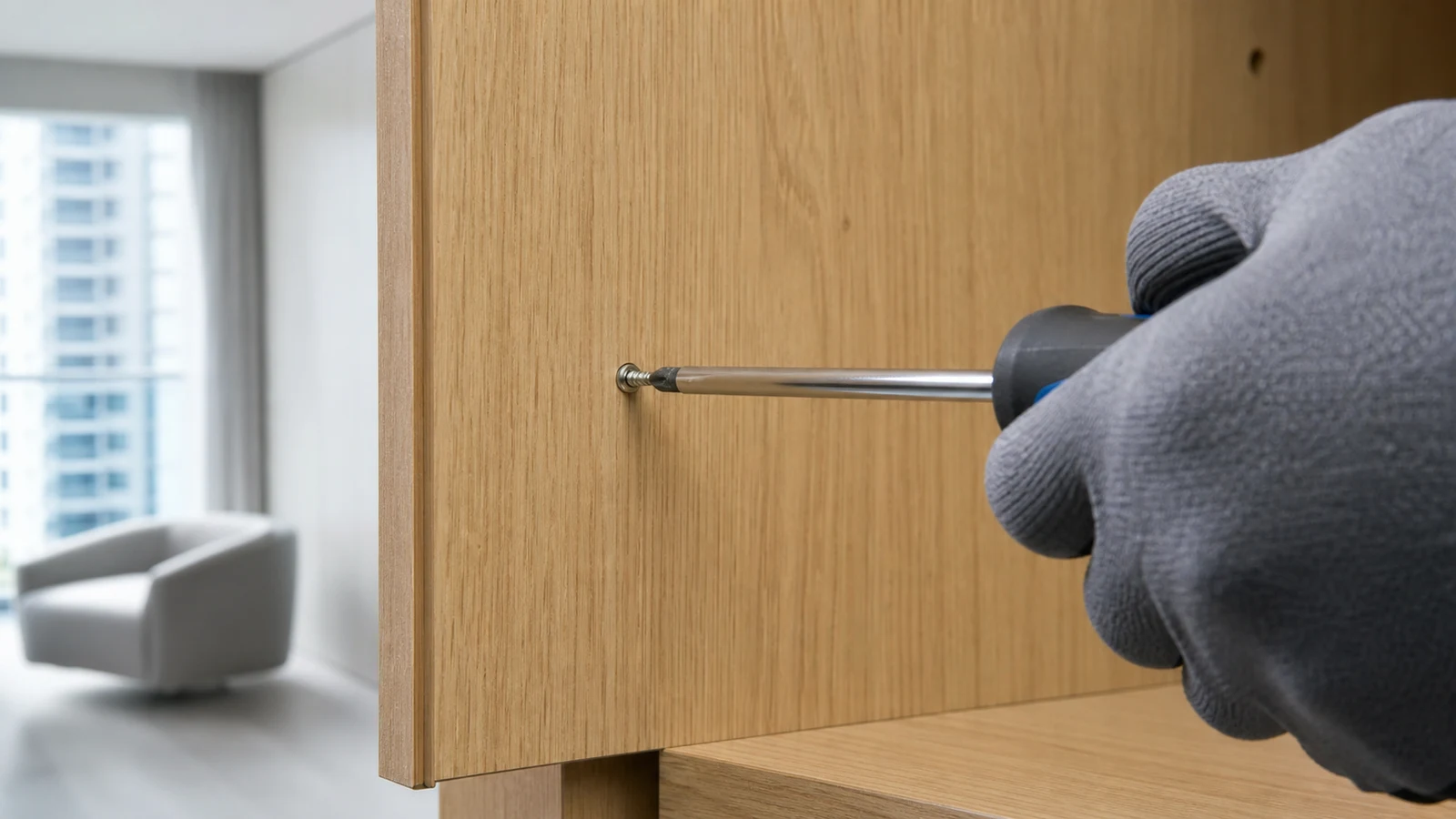 A correctly sized screwdriver driving a chrome screw into a toothpick-filled hole in a cabinet door. The screw is halfway inserted, the driver blade fully engaged, showing steady downward pressure.