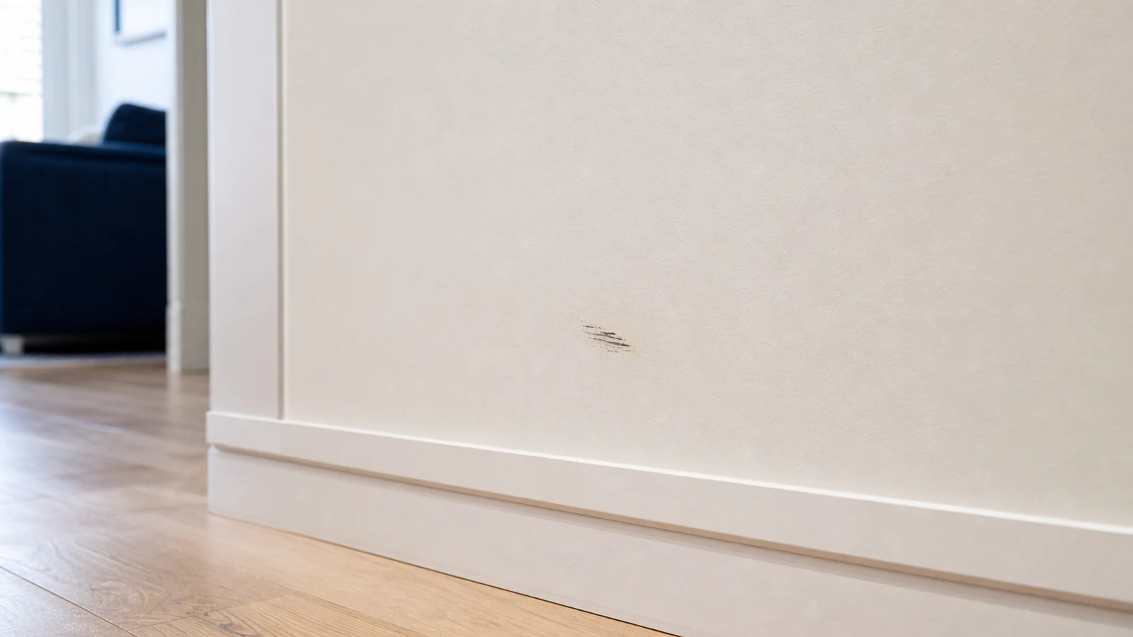 Four identical wall areas showing progression from scuffed to clean using escalating methods, natural daylight from left to right