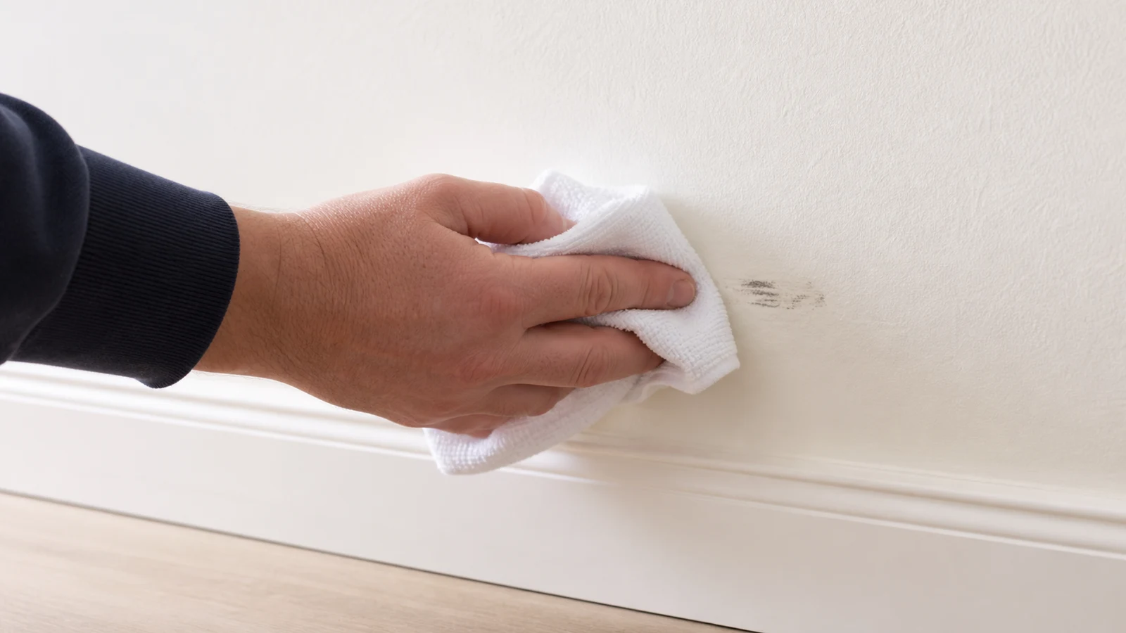 Hand holding folded microfibre cloth against beige wall with small dark scuff, gentle circular motion in progress