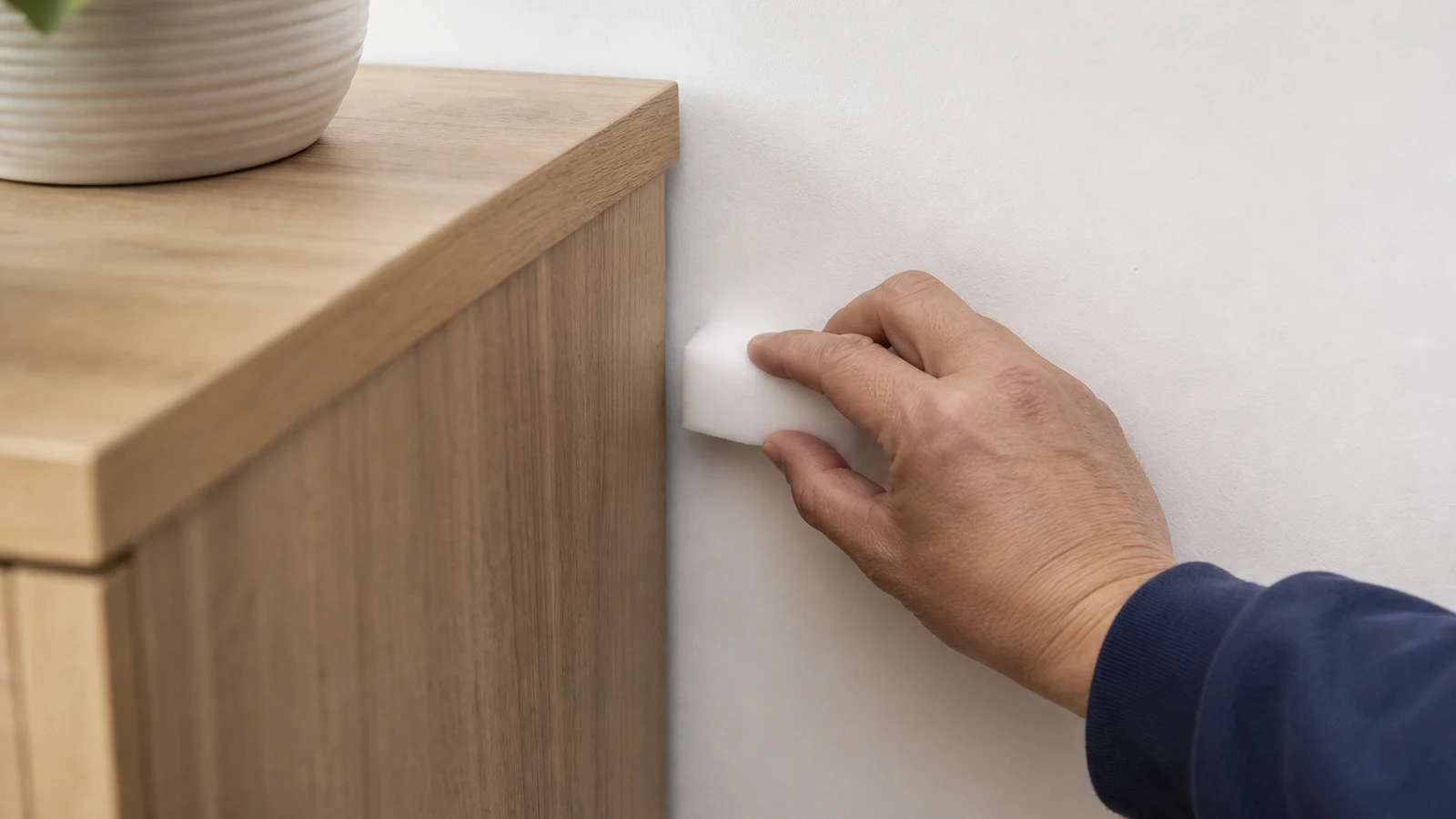 Hand holding damp magic eraser against wall corner behind furniture, gentle unidirectional stroke on test area
