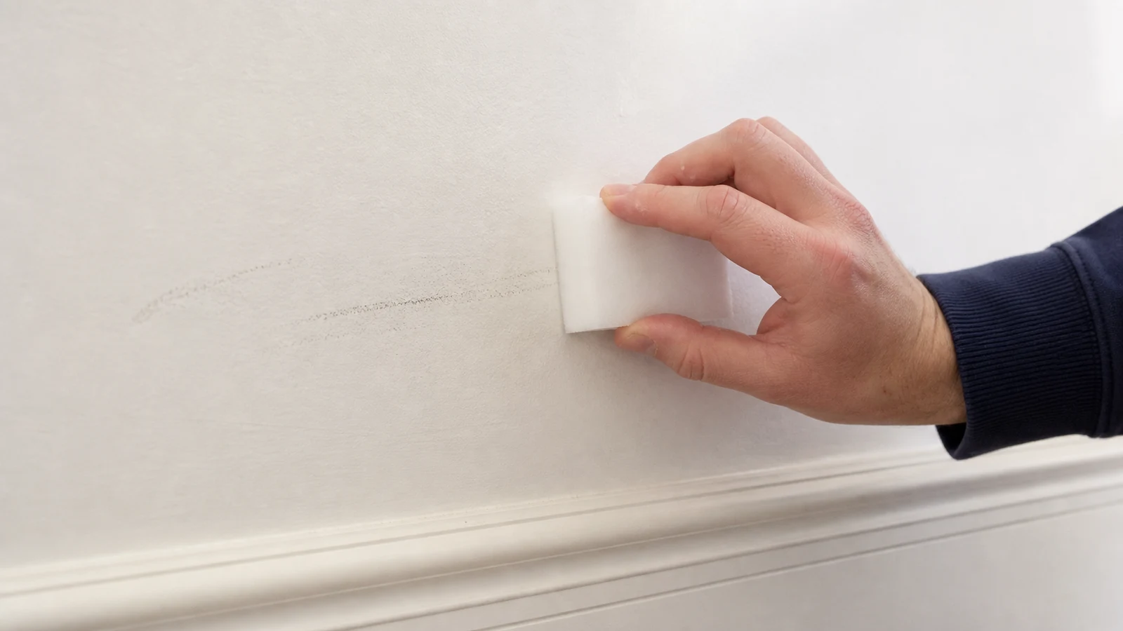 Hand holding damp magic eraser against visible wall scuff, gentle rubbing motion with light pressure applied