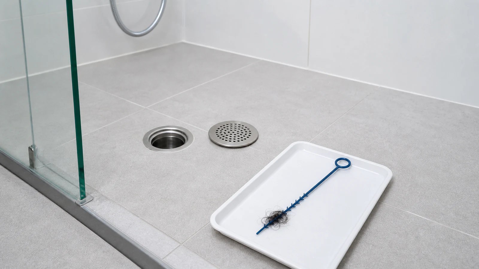 Plastic drain hook tool with extracted hair ball beside shower drain opening.