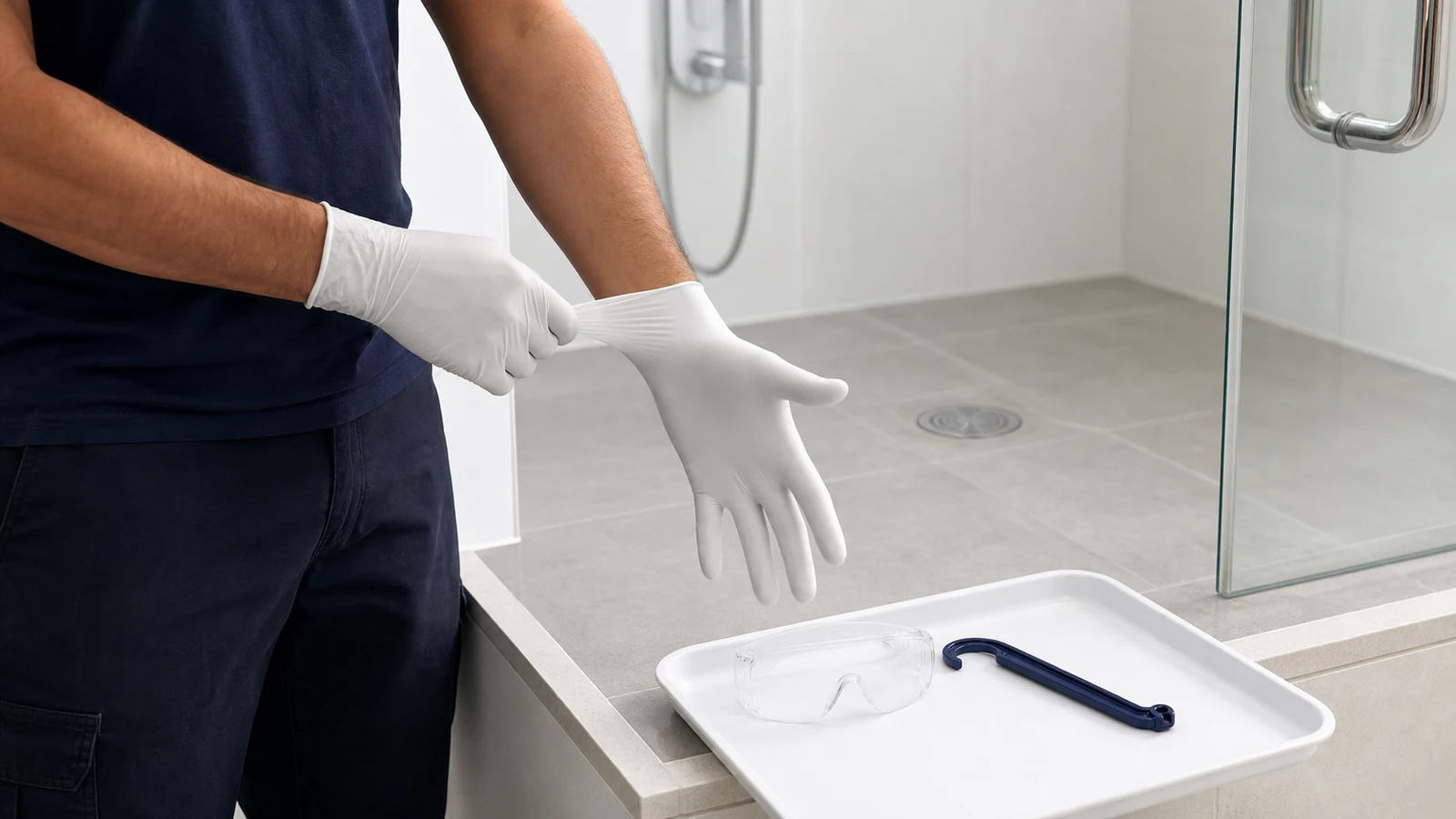 Person's hands pulling on disposable gloves at the wrist over bathroom sink.