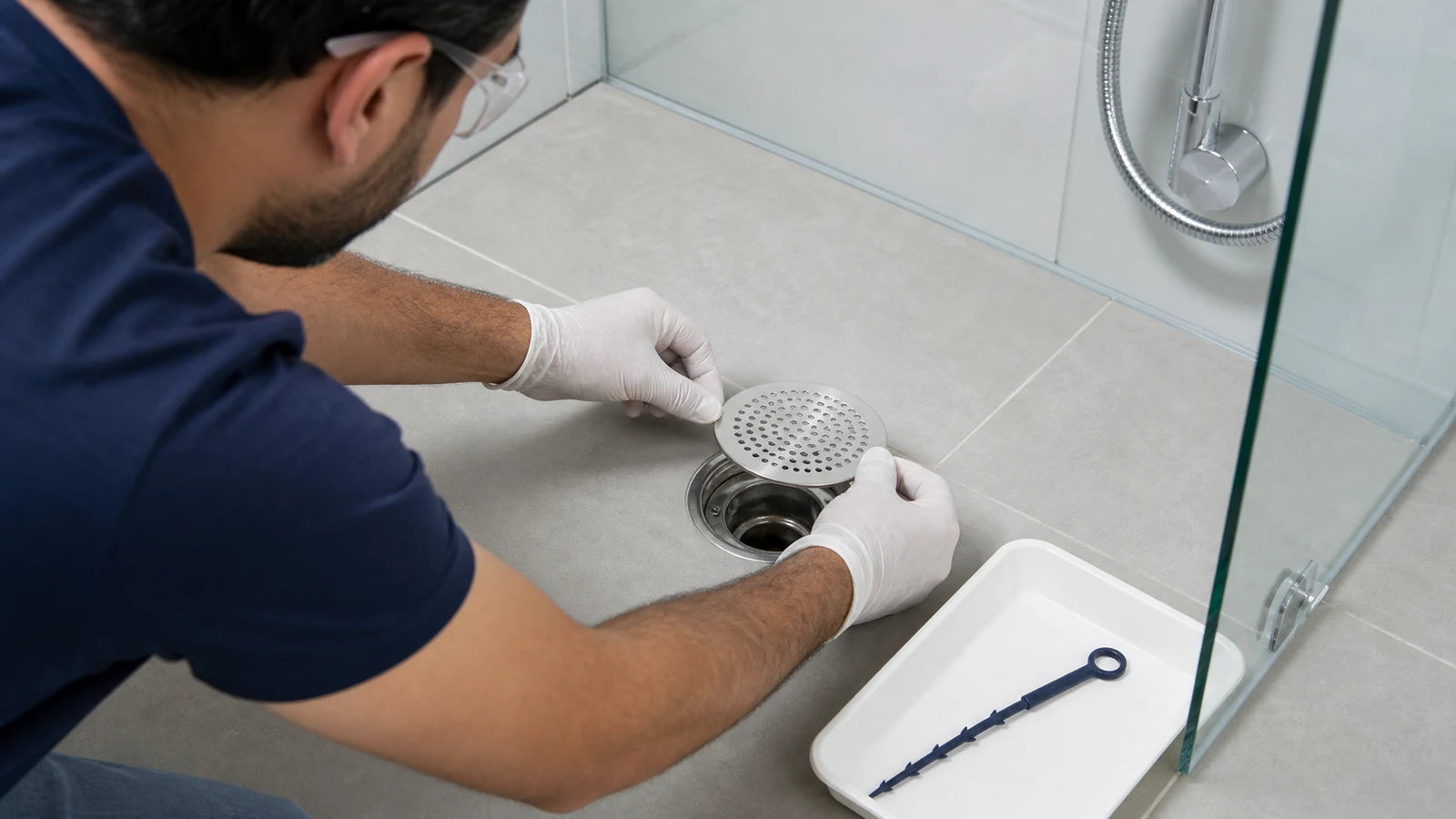 Gloved hand lifting a metal shower drain cover vertically above the drain opening.