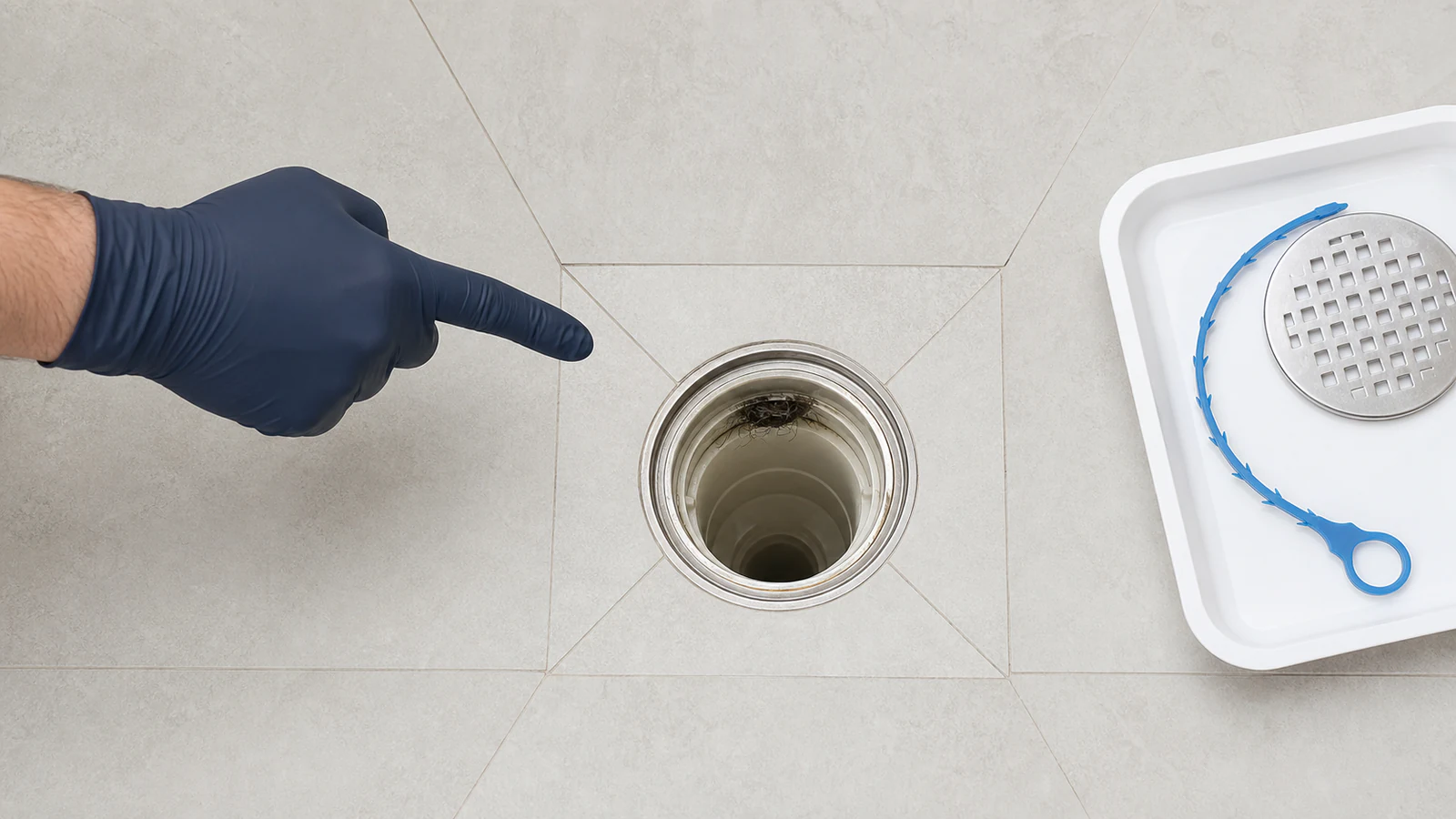 Gloved hand positioned above an open drain cavity, showing a dark hair and debris mass inside the drain.