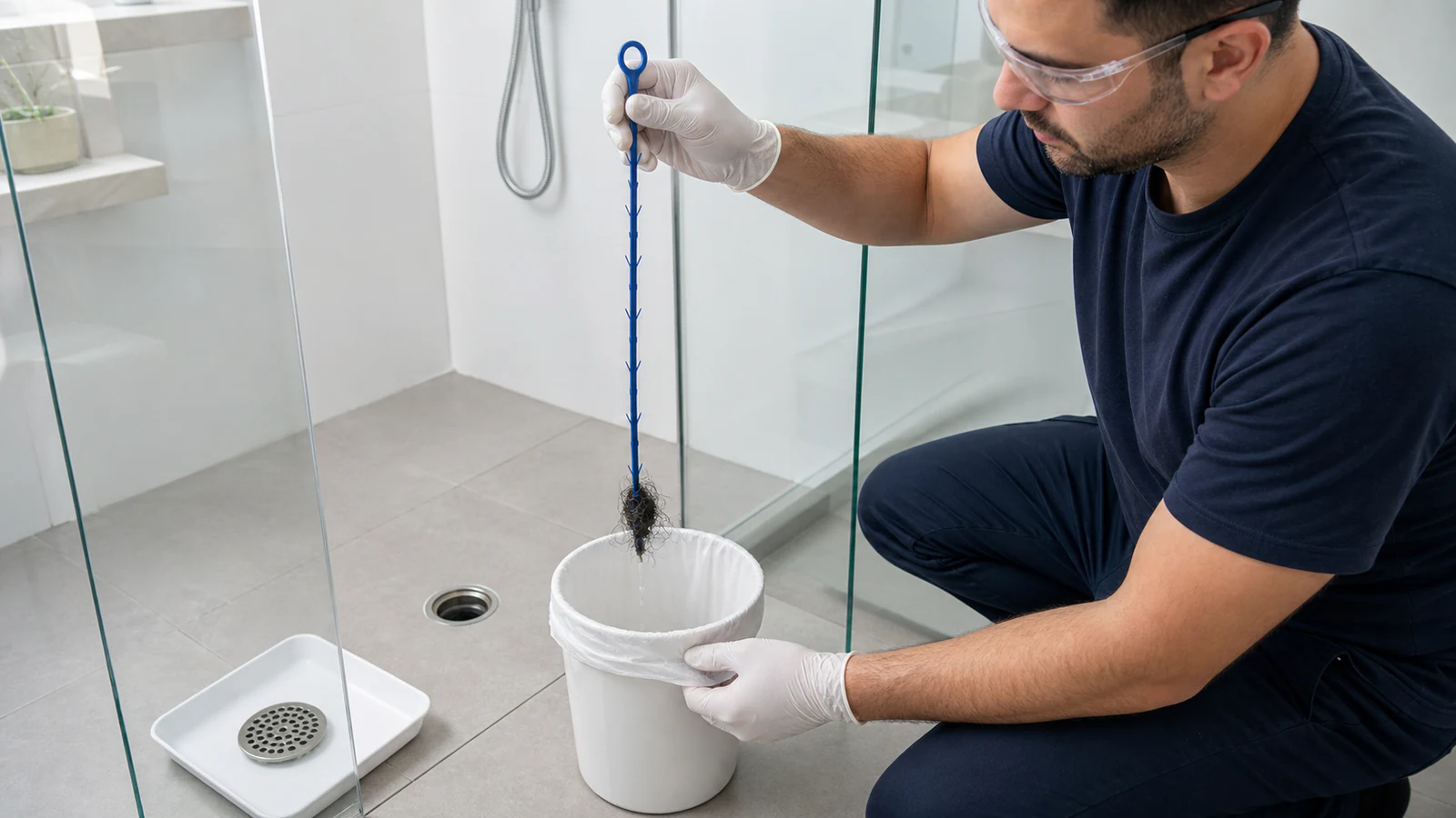 Gloved hand holding the plastic hook tool with a wet ball of dark hair stretched across the hook above a waste bin.