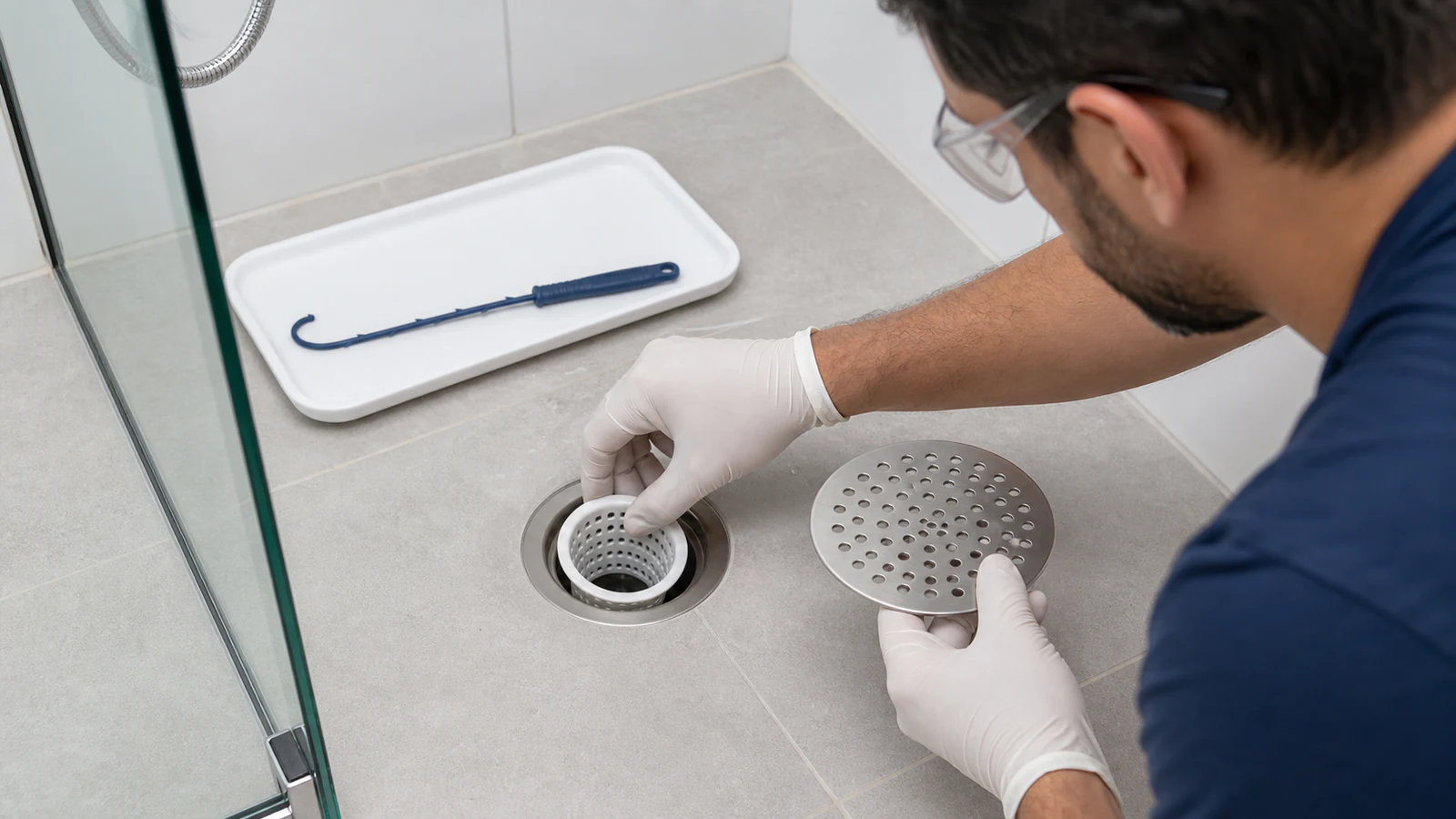 Gloved hand lowering a plastic hair-catching strainer into the drain cavity, with the original cover ready to replace on top.
