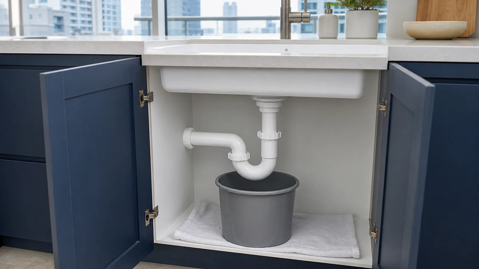 View of the underside of a kitchen sink, showing the curved P-trap assembly with a bucket positioned beneath it ready to catch water during disassembly.