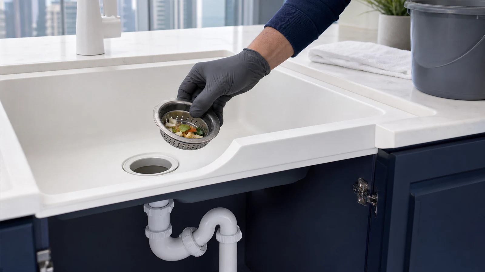 Gloved hand removing a stainless-steel sink strainer basket from a ceramic sink bowl, with debris visible in the basket.