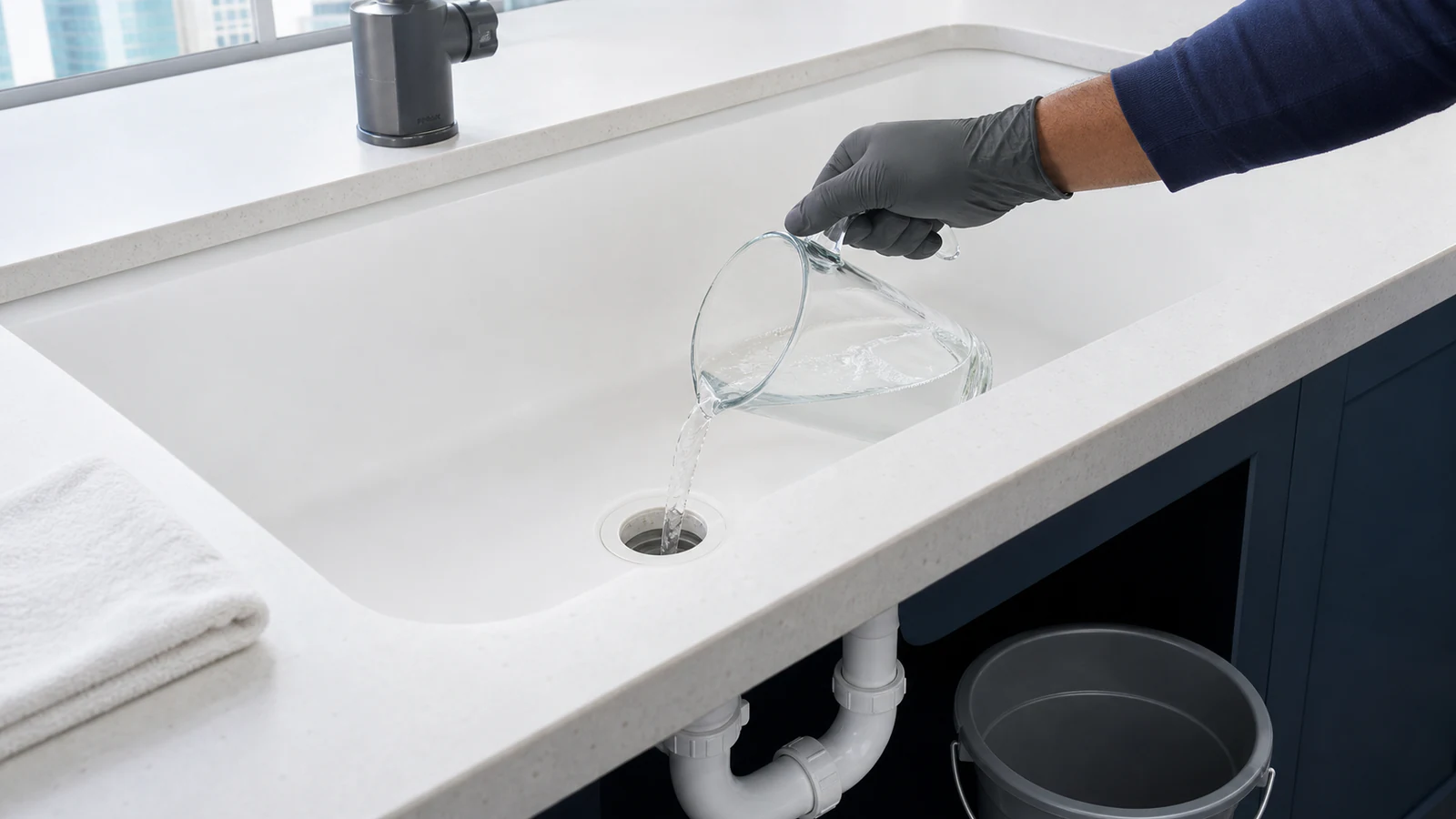 Pouring warm soapy water from a glass jug into a kitchen sink drain, with water flowing freely down the drain opening.