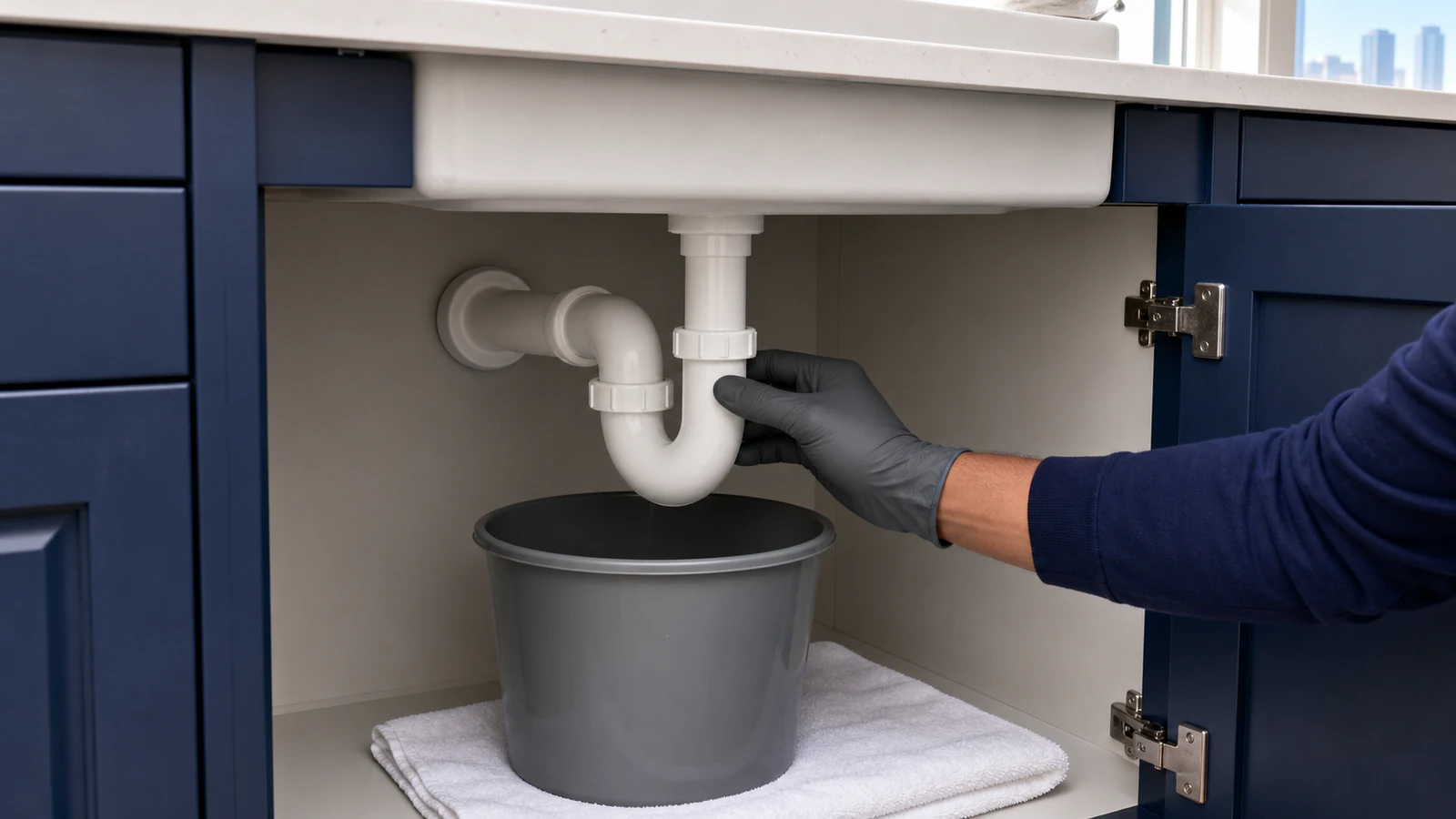 Interior of an open kitchen cabinet showing the P-trap assembly with a bucket positioned underneath it and a towel laid on the cabinet floor.