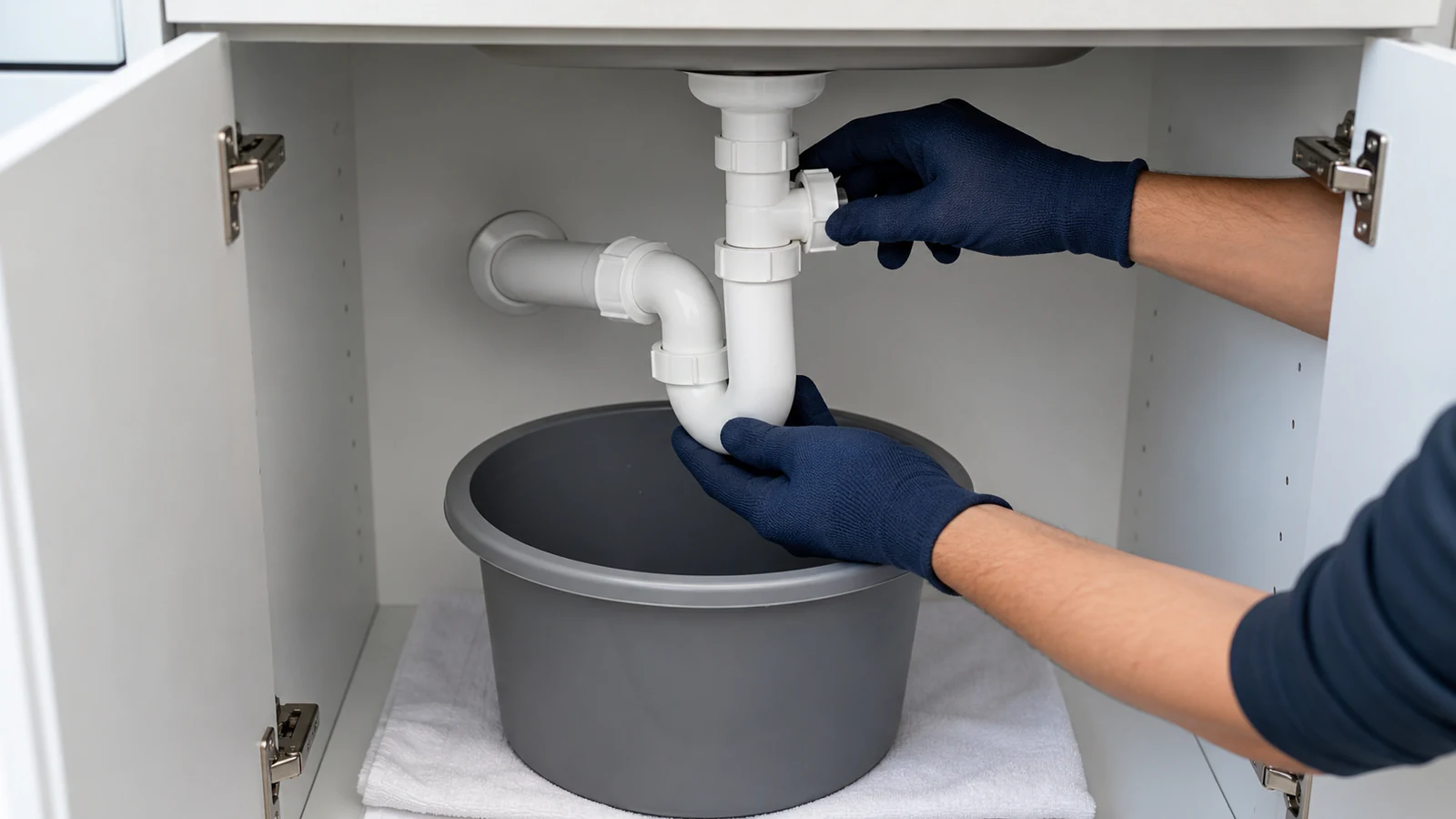 Hands using a wrench to loosen a slip nut on the P-trap beneath a sink, with a bucket visible below catching drips.