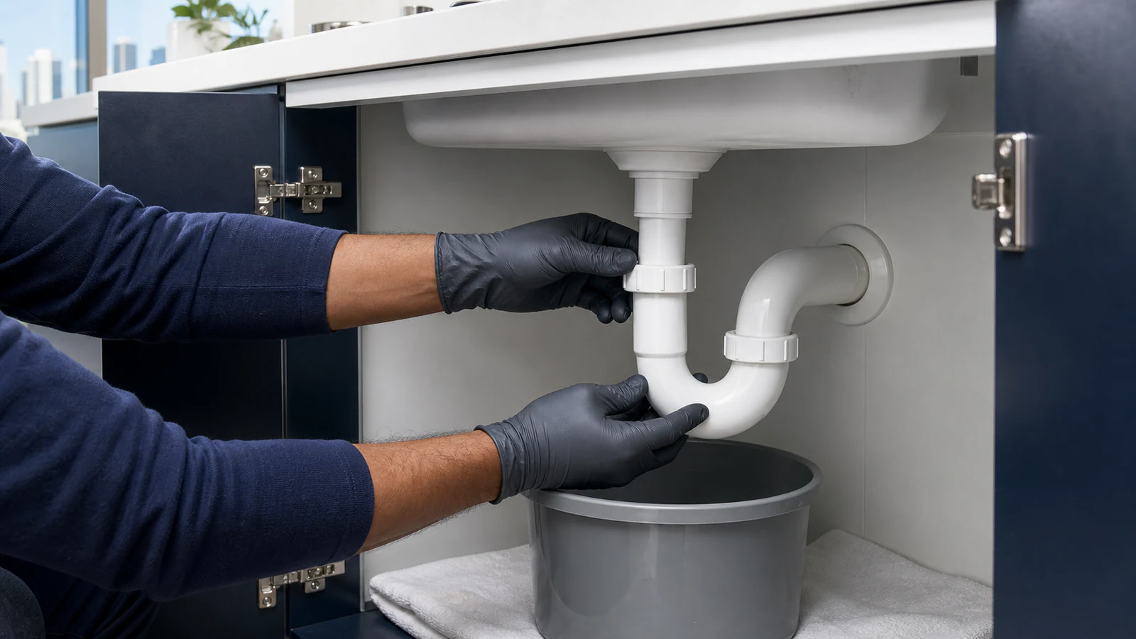 Hands using a wrench to tighten the slip nut at the base of a reassembled P-trap, with water running in the sink above.