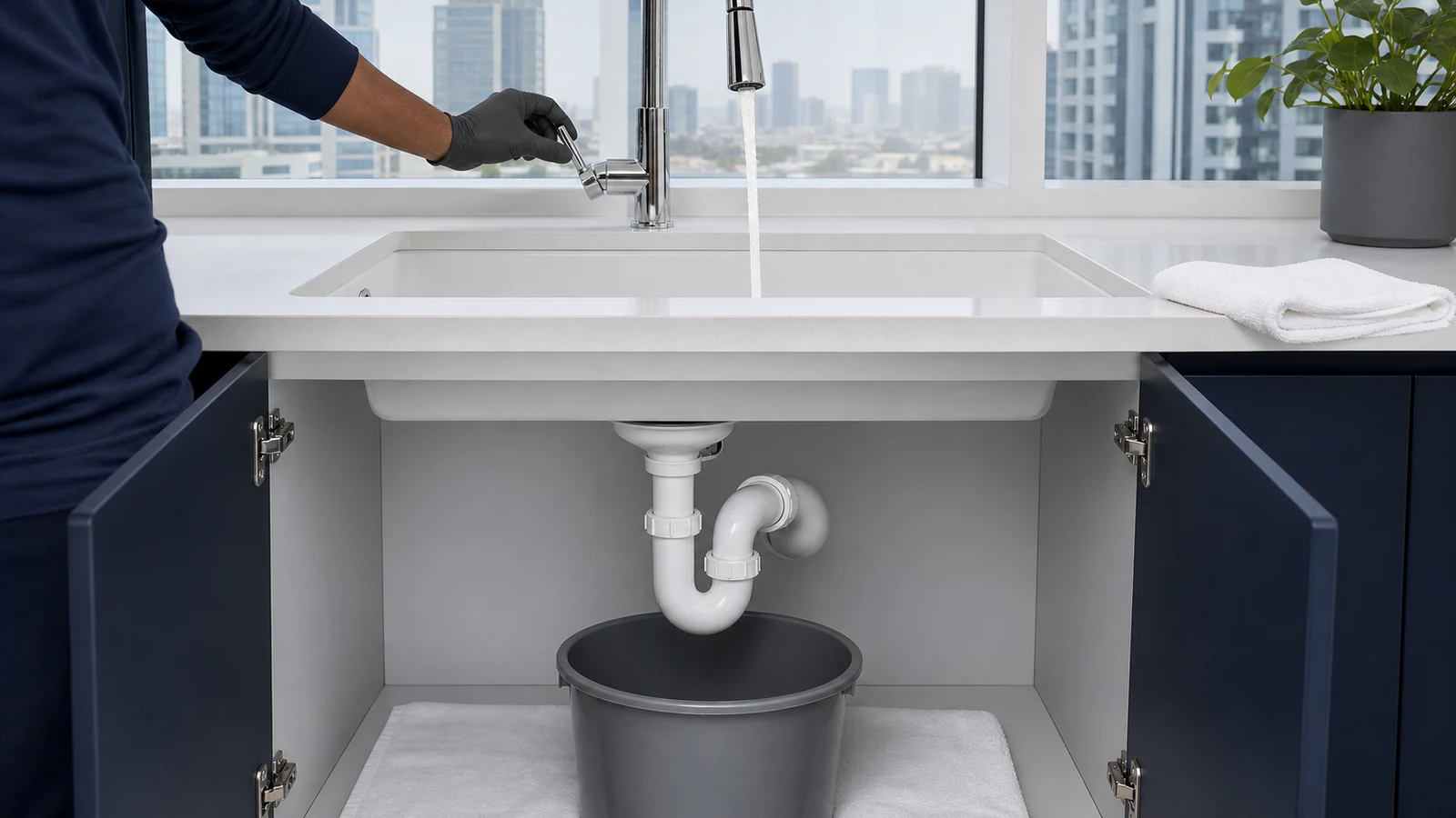 Water flowing freely down a kitchen sink drain from running tap, with the cabinet doors beneath visible and closed.