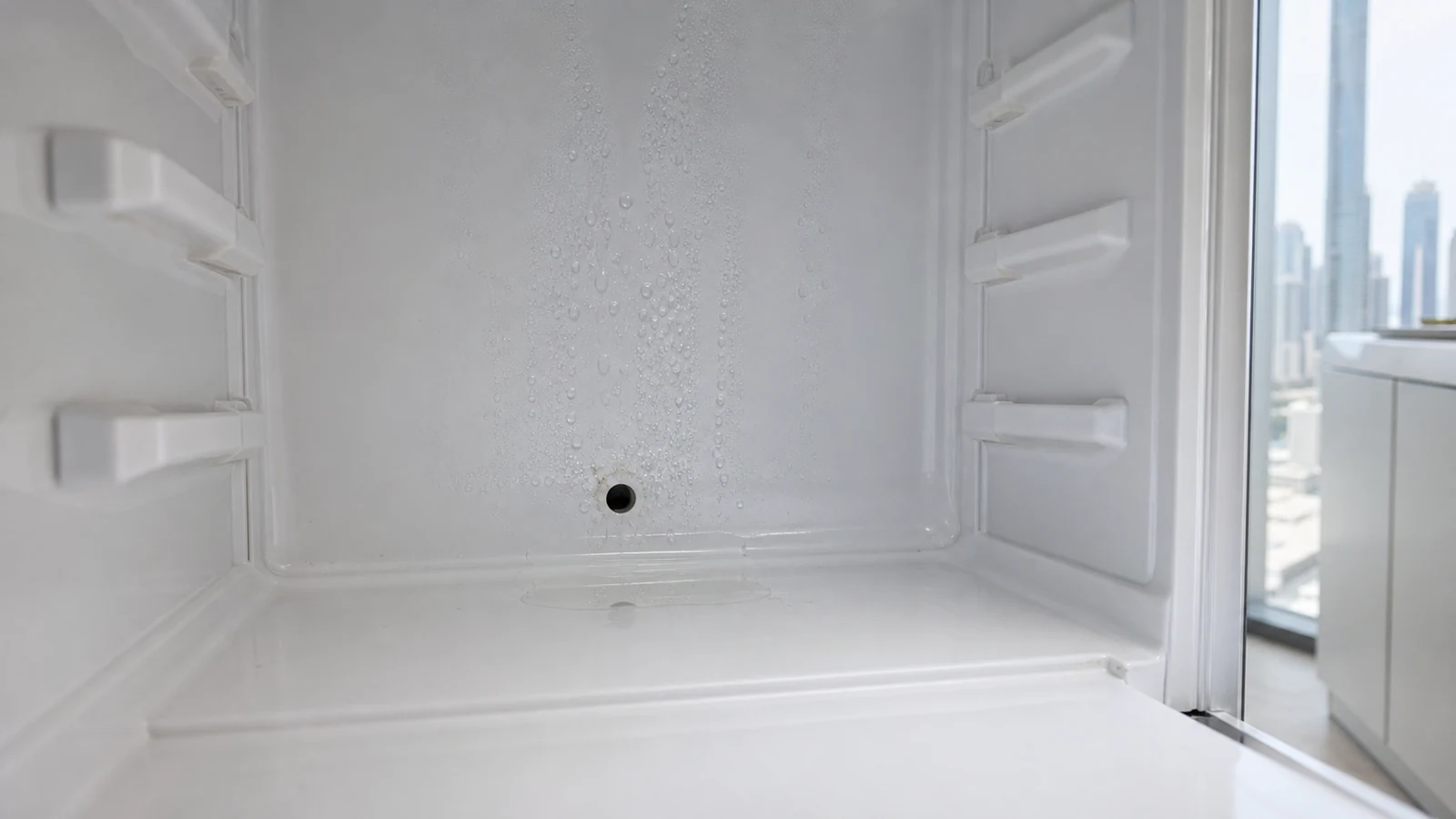 A visible user-serviceable refrigerator drain opening being inspected without a probe.