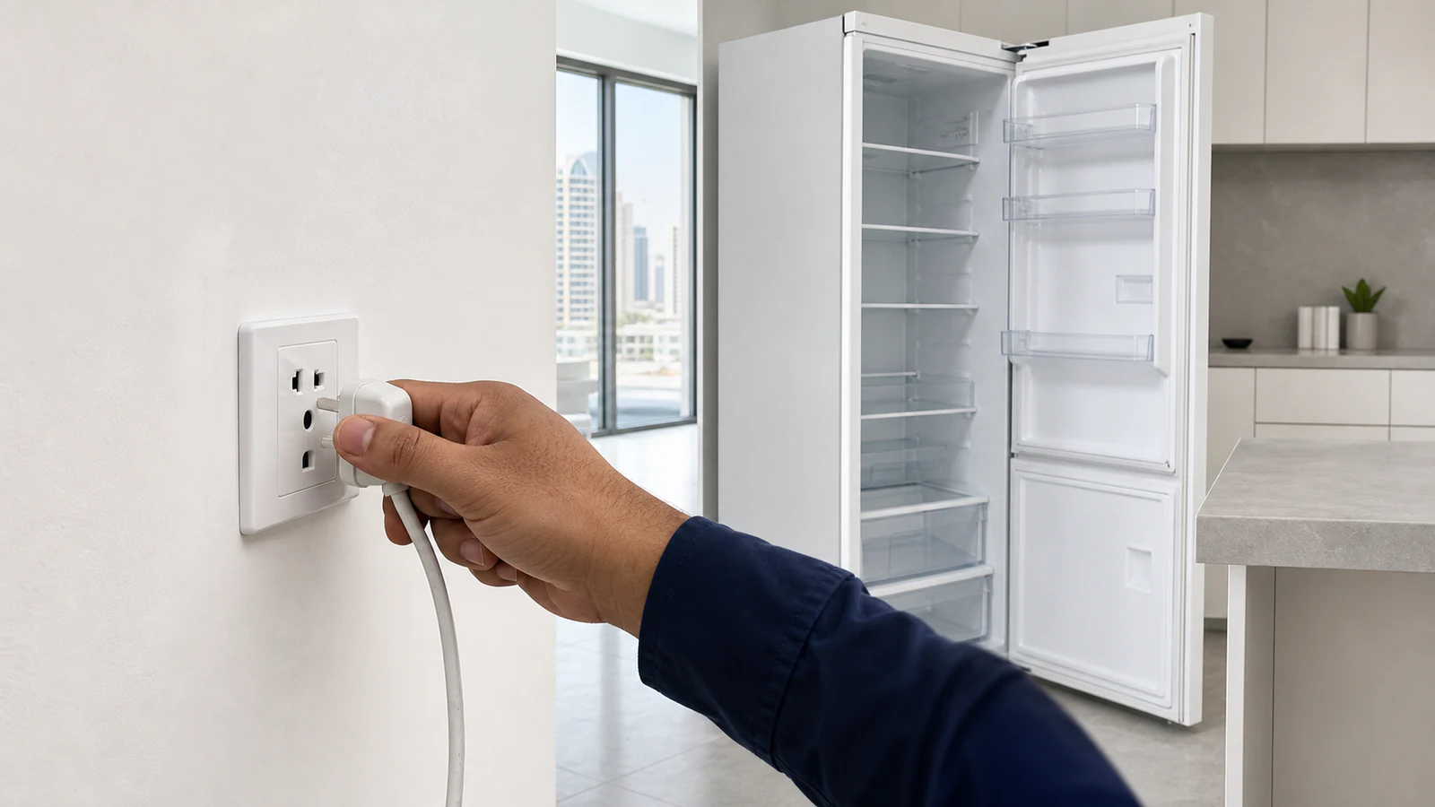 Hand unplugging a refrigerator power cord from the wall outlet, with the fridge door open and empty shelves visible inside.