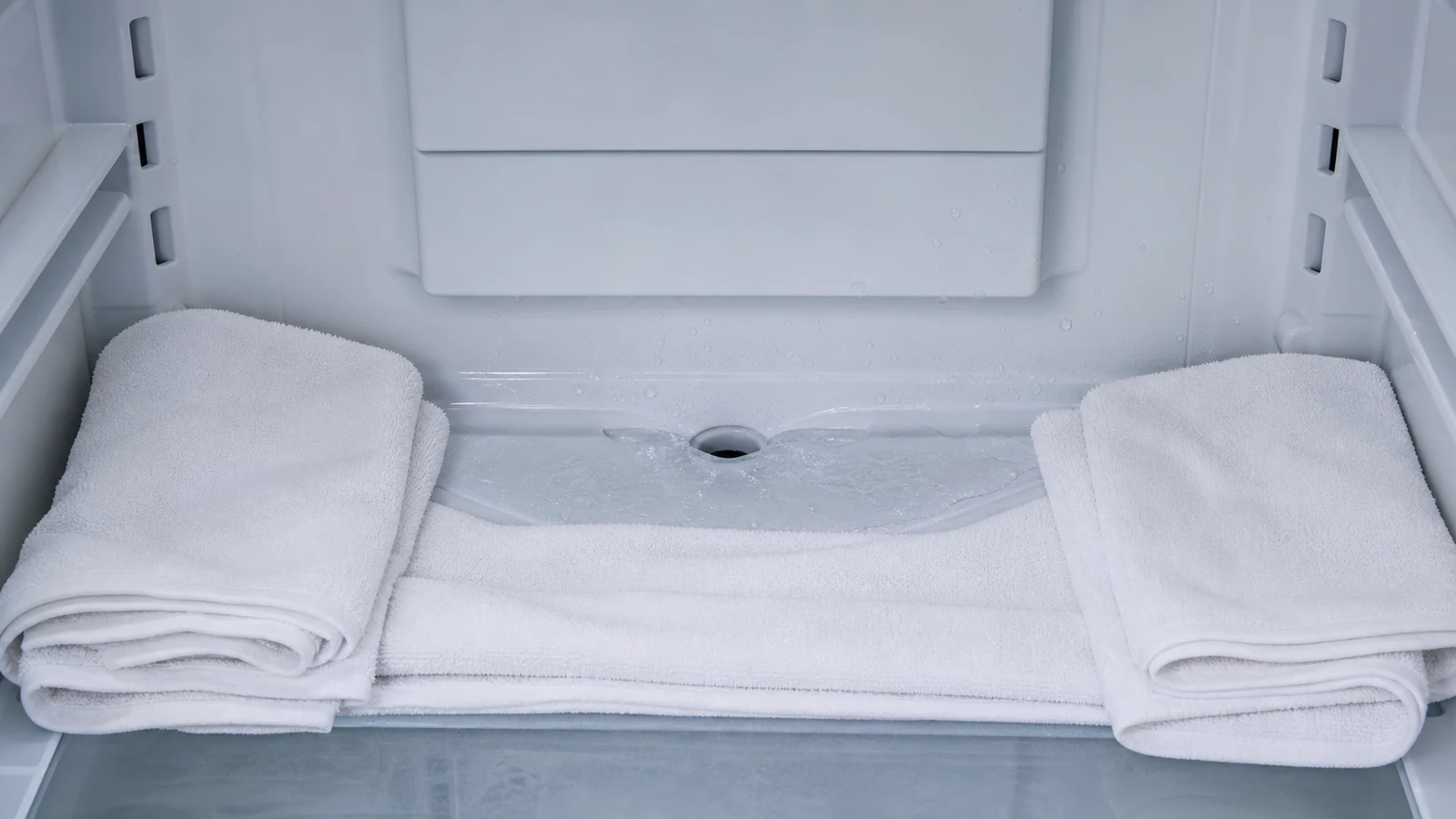 A visible refrigerator drain area thawing naturally with absorbent towels and no probe inserted.