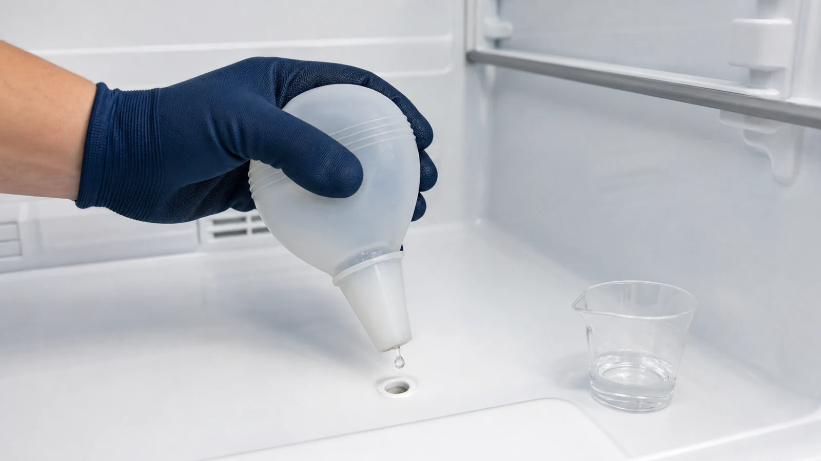 A soft bulb baster delivering a measured model-approved solution to a visible refrigerator drain opening.